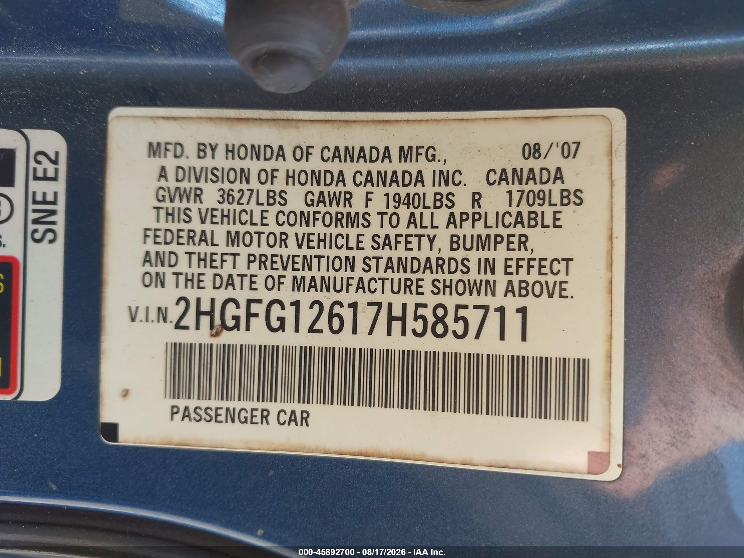 2007 Honda Civic Lx Синий vin: 2HGFG12617H585711