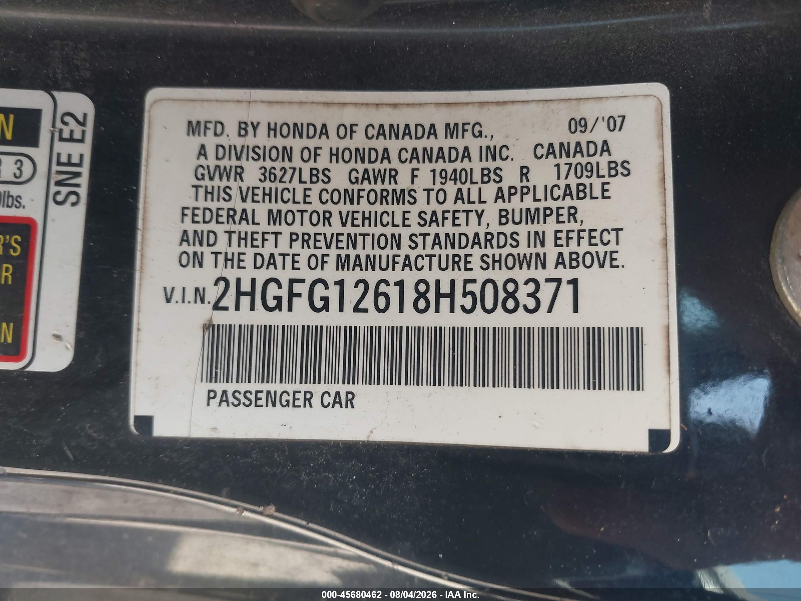 2008 Honda Civic Lx Black vin: 2HGFG12618H508371