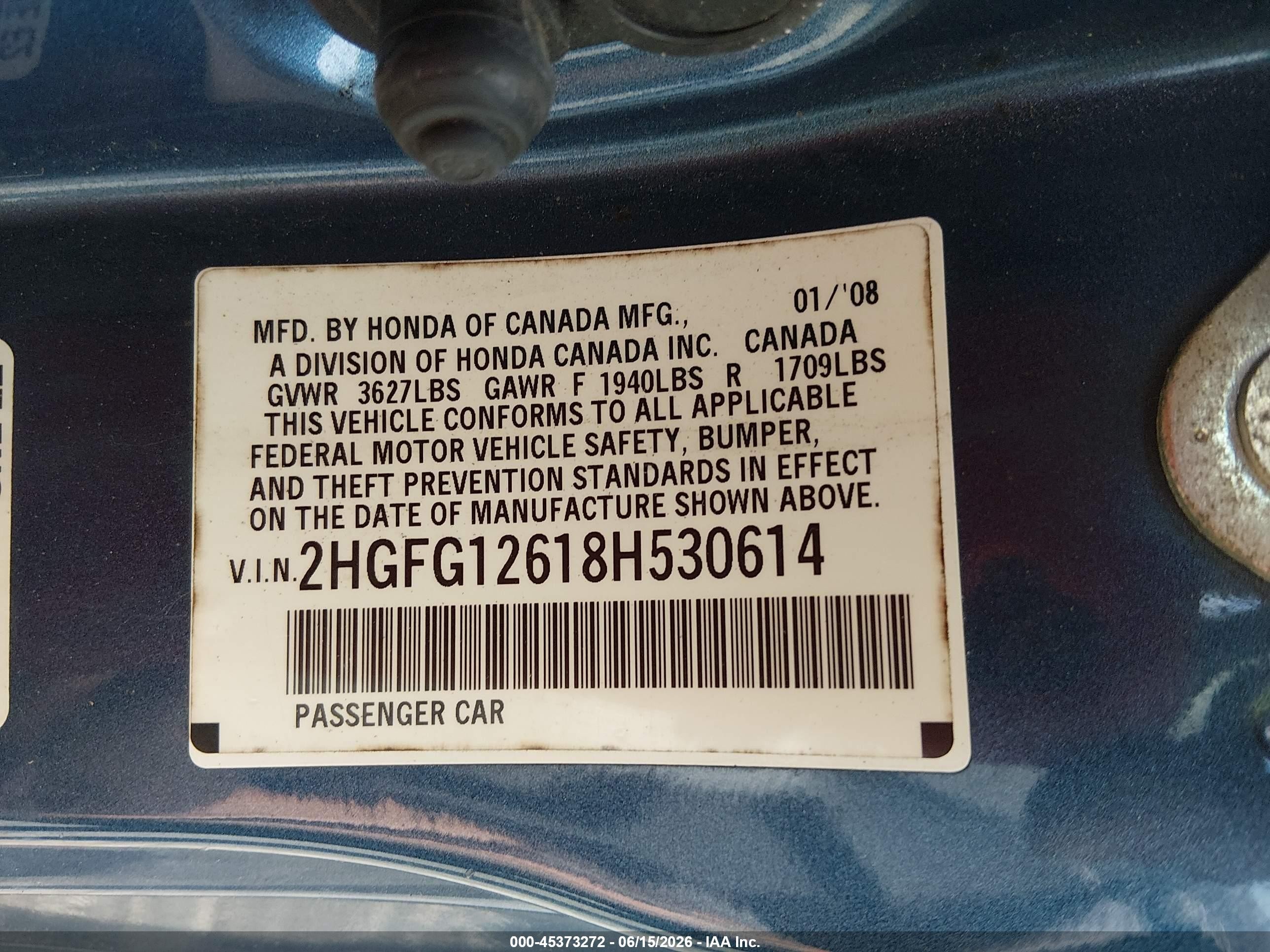 2008 Honda Civic Lx Blue vin: 2HGFG12618H530614