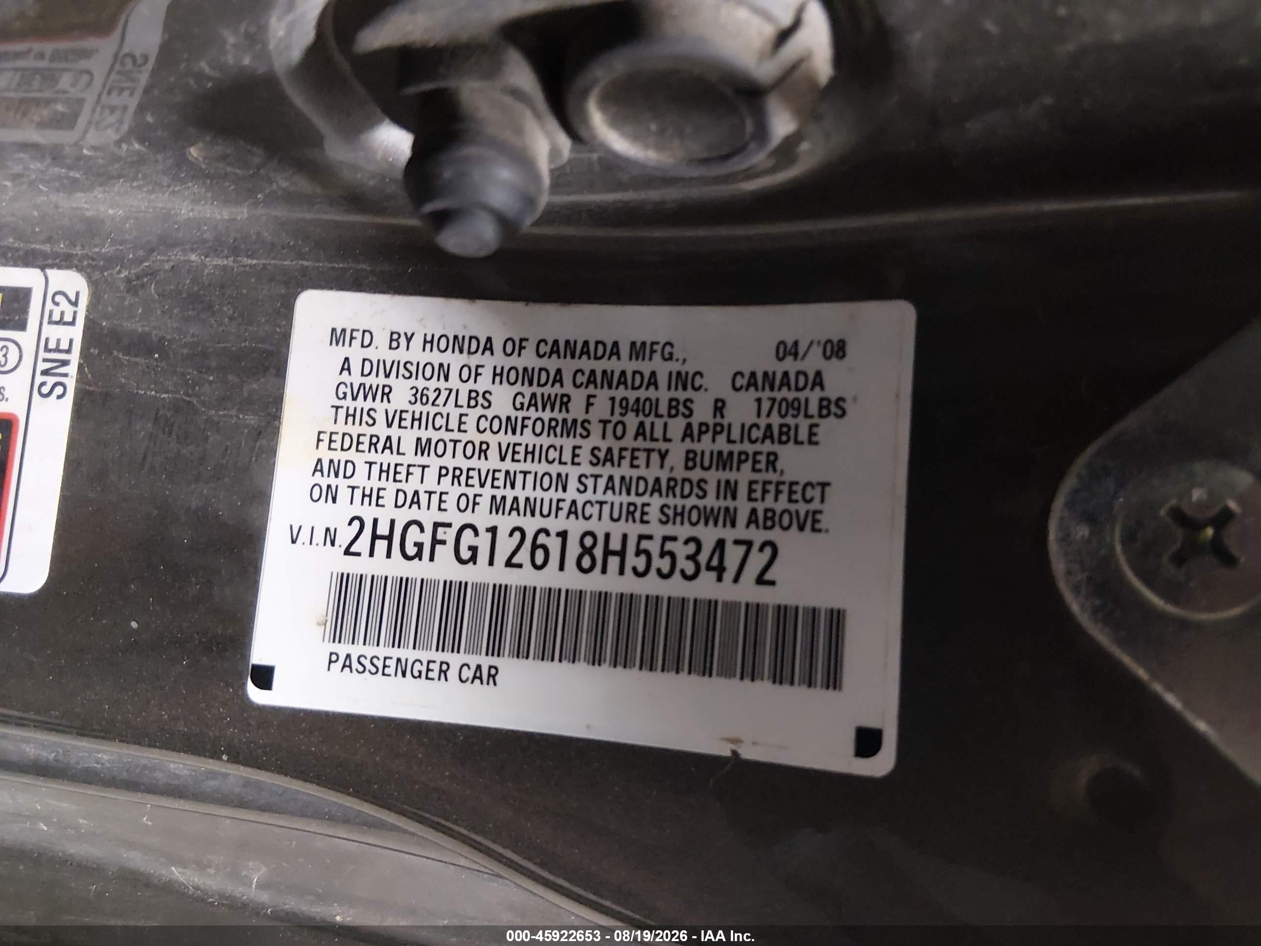 2008 Honda Civic Lx Gray vin: 2HGFG12618H553472