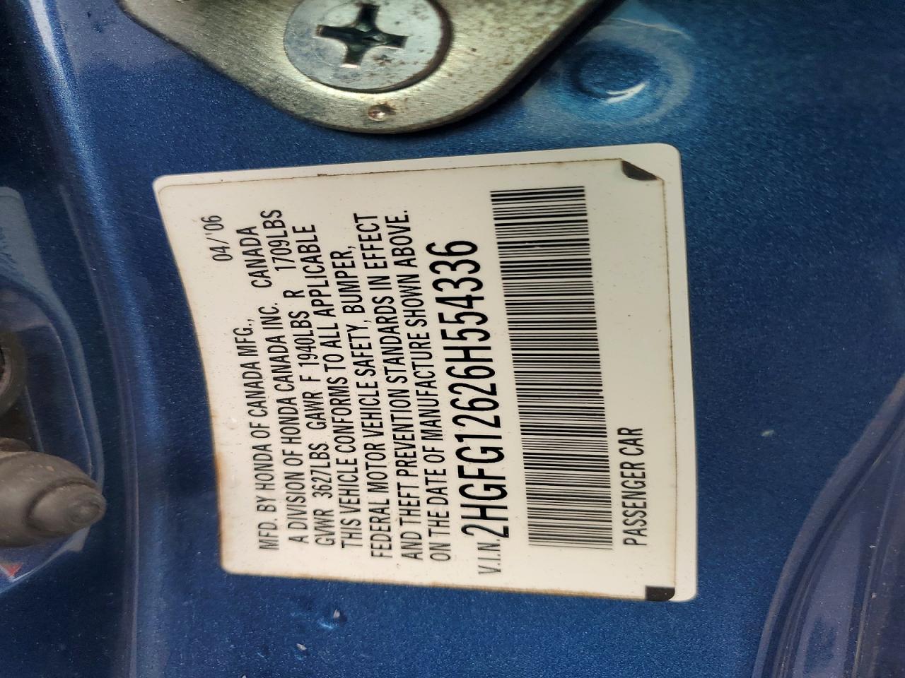2006 Honda Civic Lx Blue vin: 2HGFG12626H554336