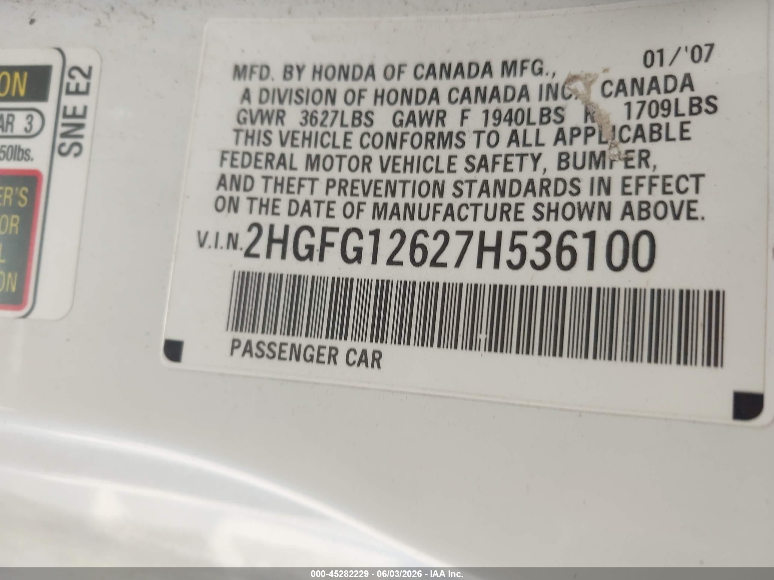 2007 Honda Civic Lx White vin: 2HGFG12627H536100