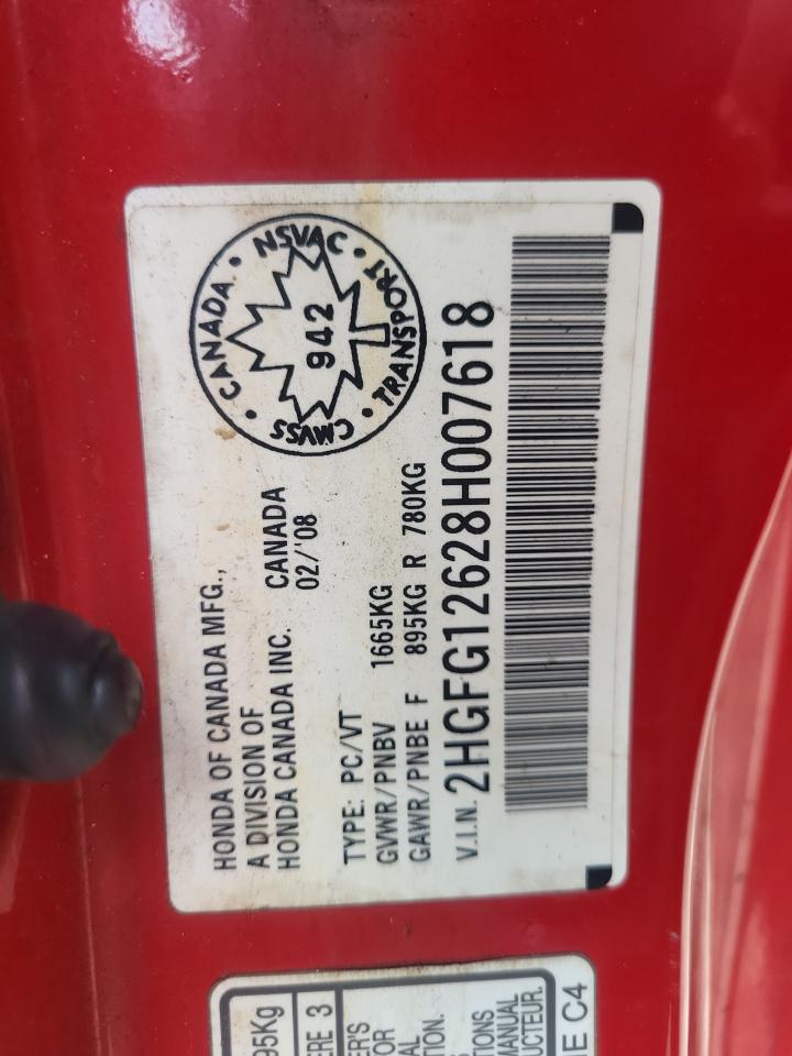 2008 Honda Civic Lx Red vin: 2HGFG12628H007618