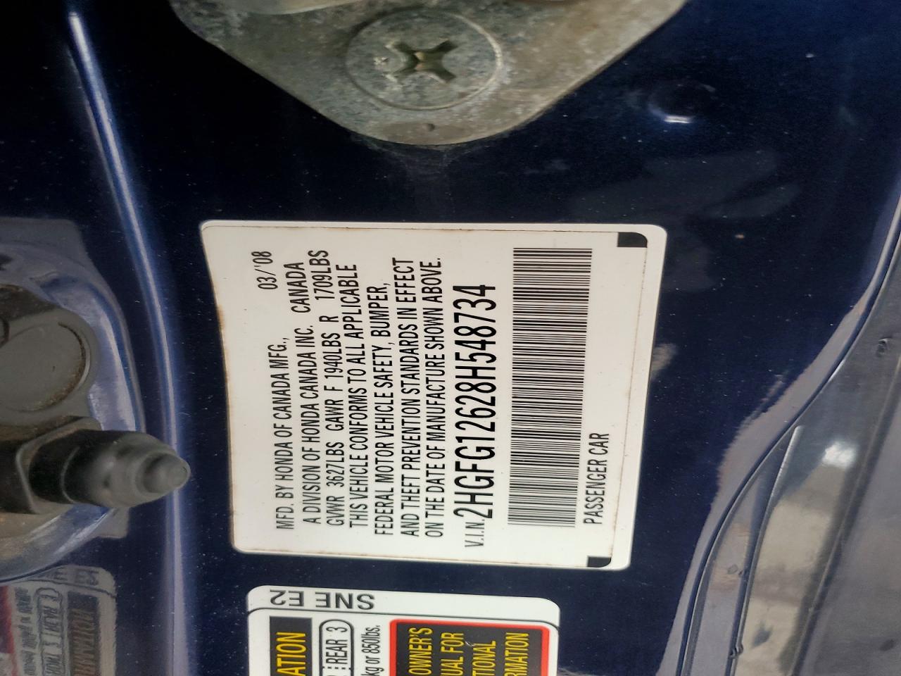 2008 Honda Civic Lx Blue vin: 2HGFG12628H548734