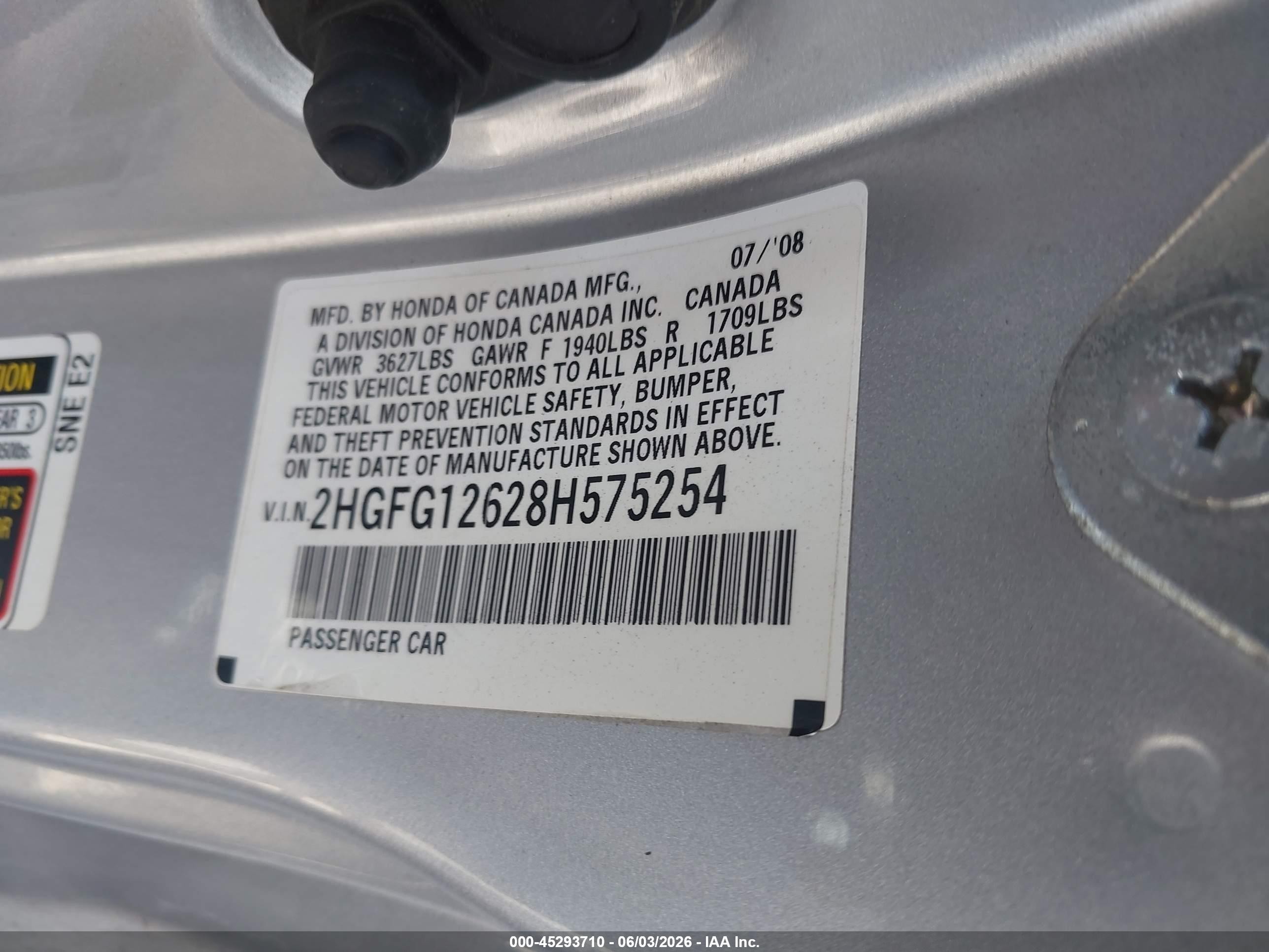 2008 Honda Civic Lx Silver vin: 2HGFG12628H575254