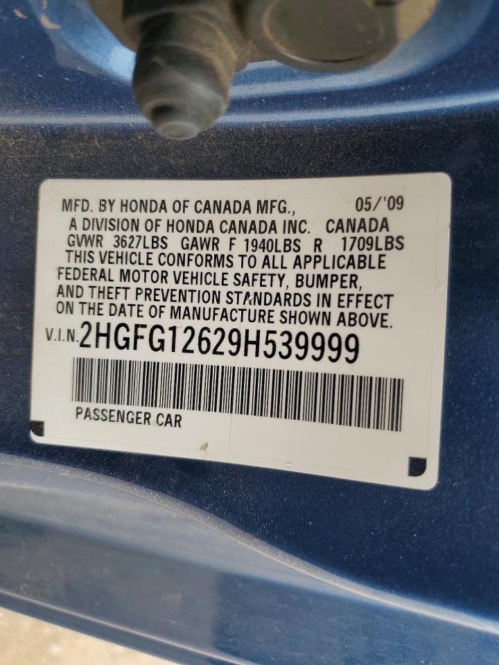 2009 Honda Civic 2d Exl Blue vin: 2HGFG12629H539999