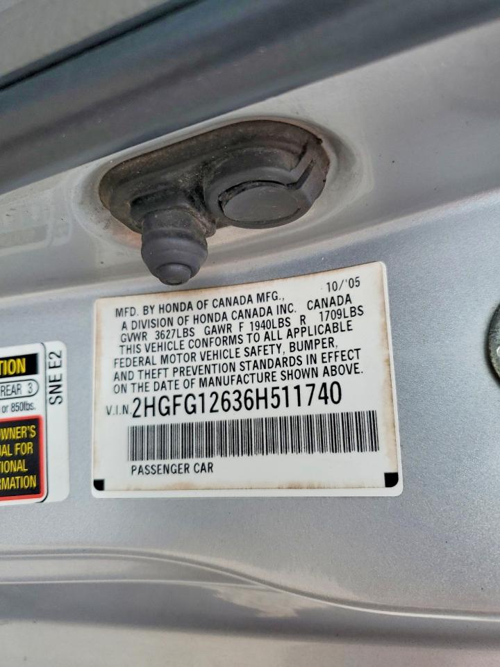 2006 Honda Civic Lx Silver vin: 2HGFG12636H511740