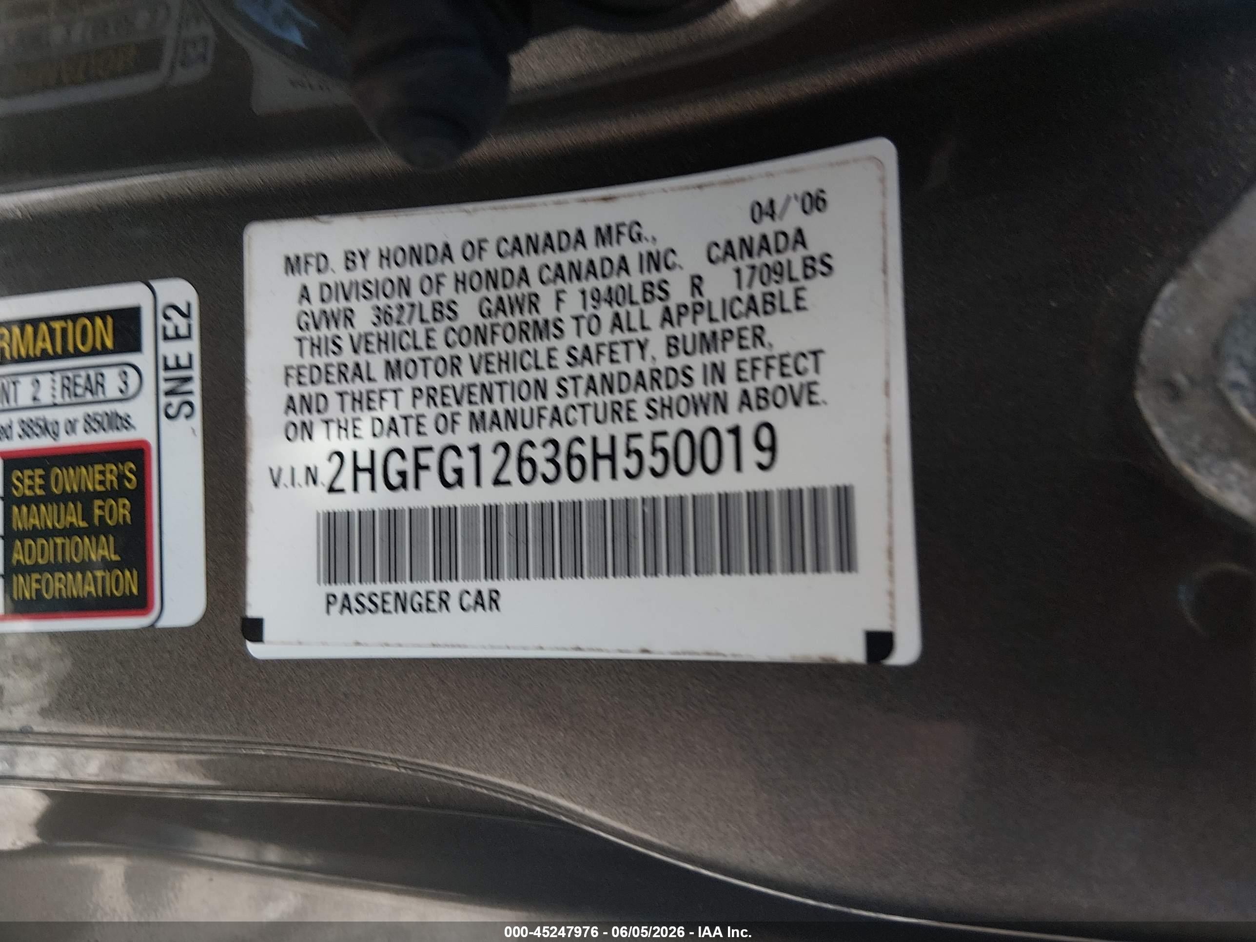 2006 Honda Civic Lx Gray vin: 2HGFG12636H550019
