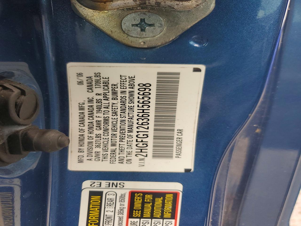 2006 Honda Civic Lx Blue vin: 2HGFG12636H565698