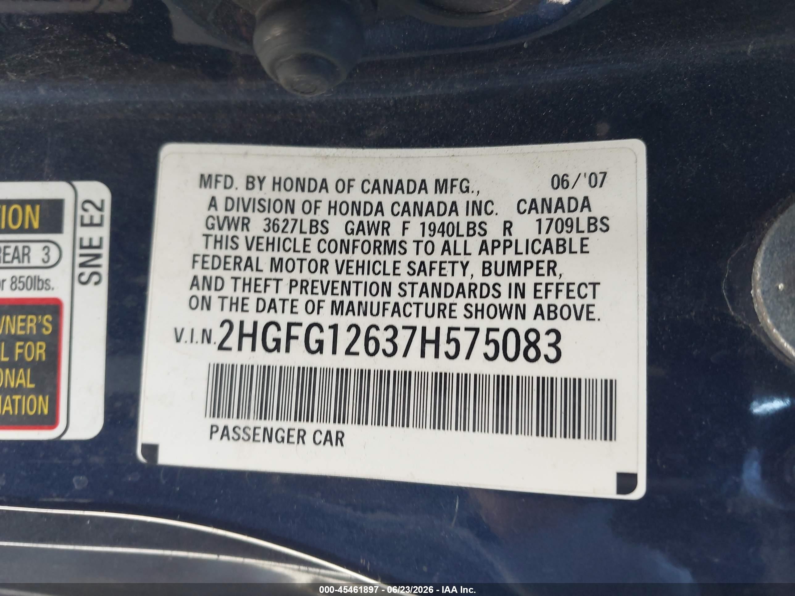 2007 Honda Civic Lx Black vin: 2HGFG12637H575083