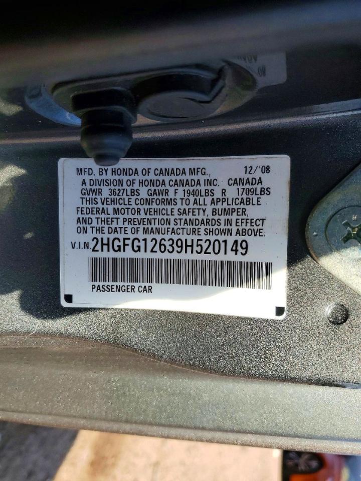 2009 Honda Civic Lx Gray vin: 2HGFG12639H520149