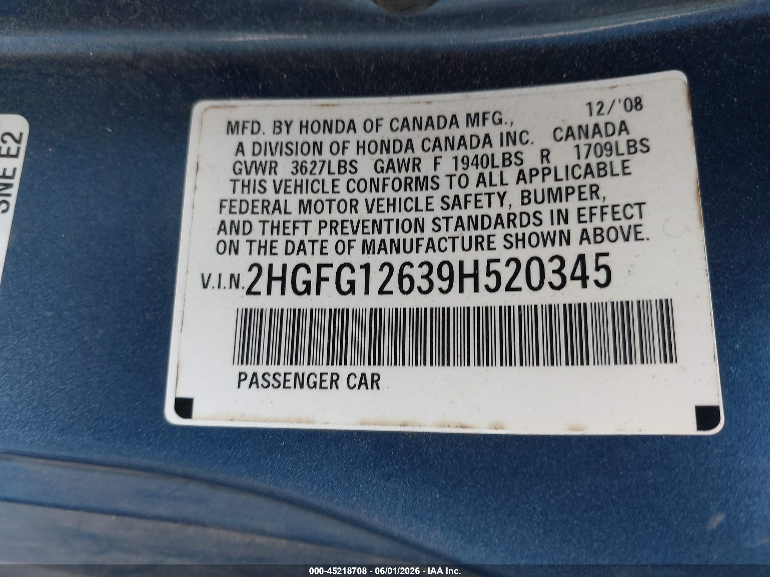 2009 Honda Civic Lx Blue vin: 2HGFG12639H520345
