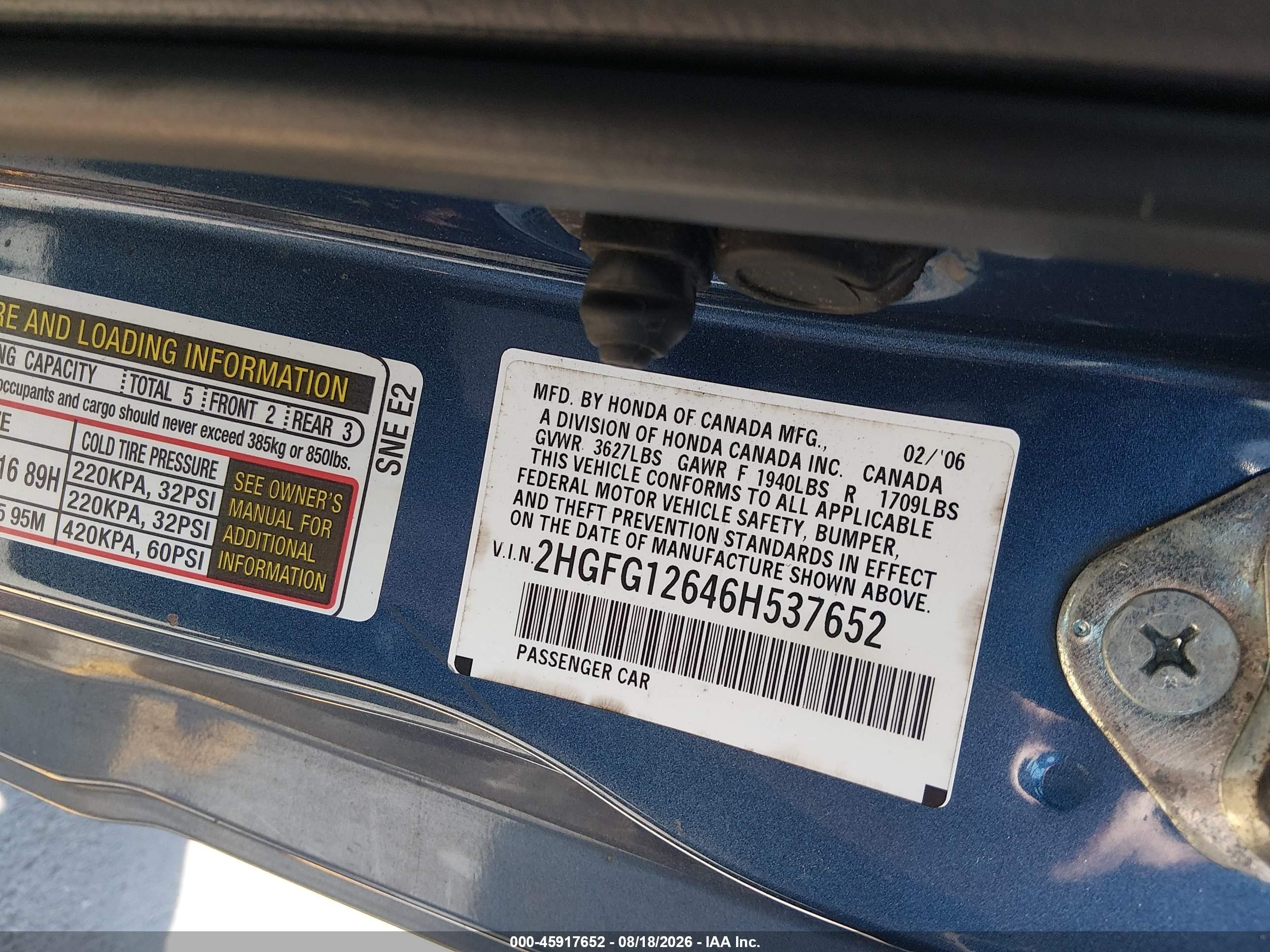 2006 Honda Civic Lx Blue vin: 2HGFG12646H537652