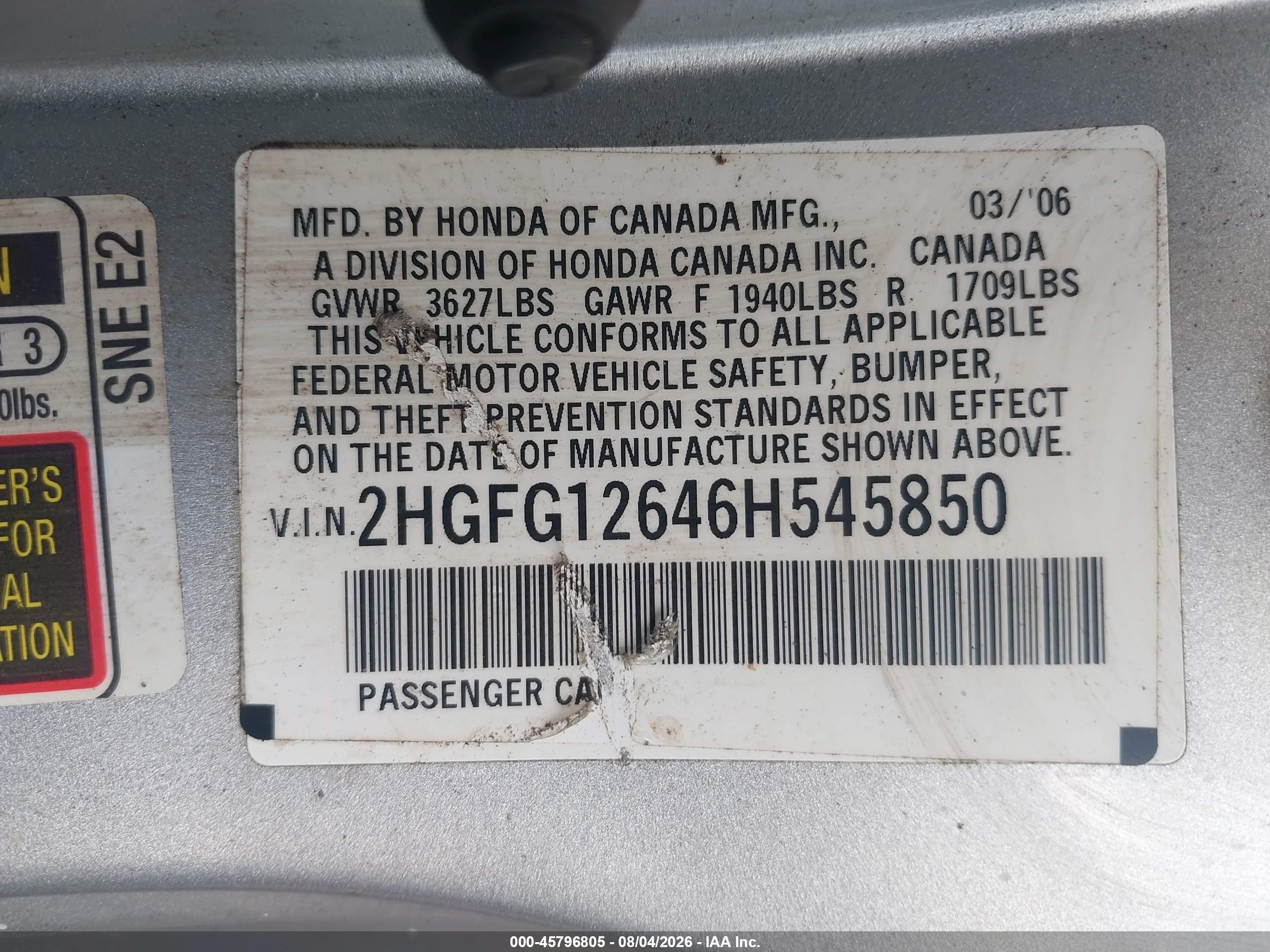 2006 Honda Civic Lx Silver vin: 2HGFG12646H545850