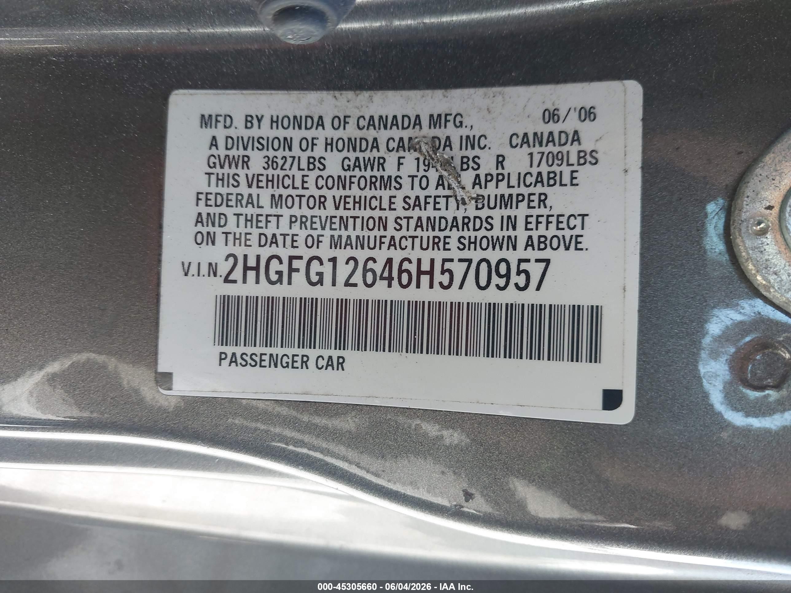 2006 Honda Civic Lx Gray vin: 2HGFG12646H570957