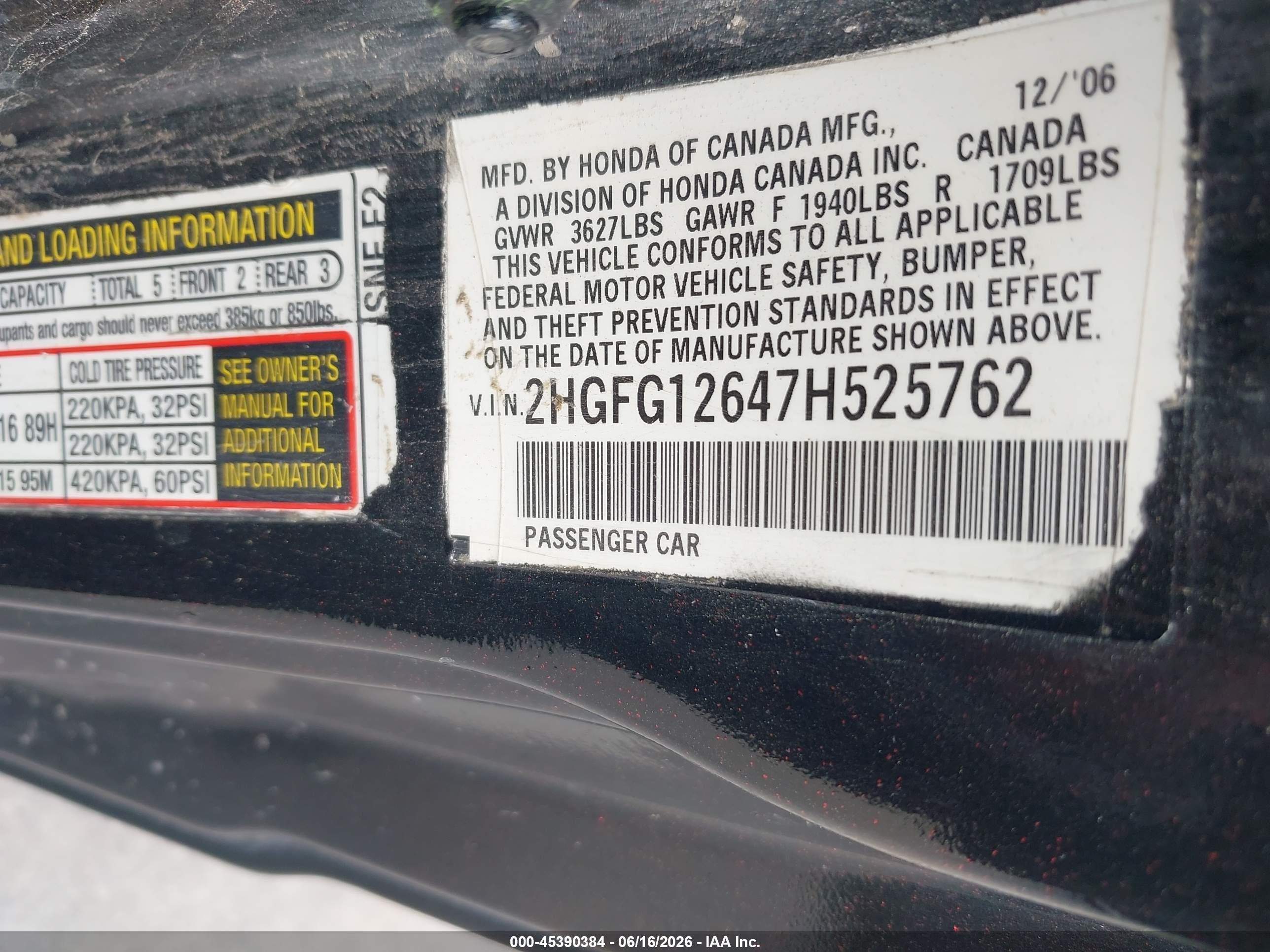 2007 Honda Civic Lx Black vin: 2HGFG12647H525762