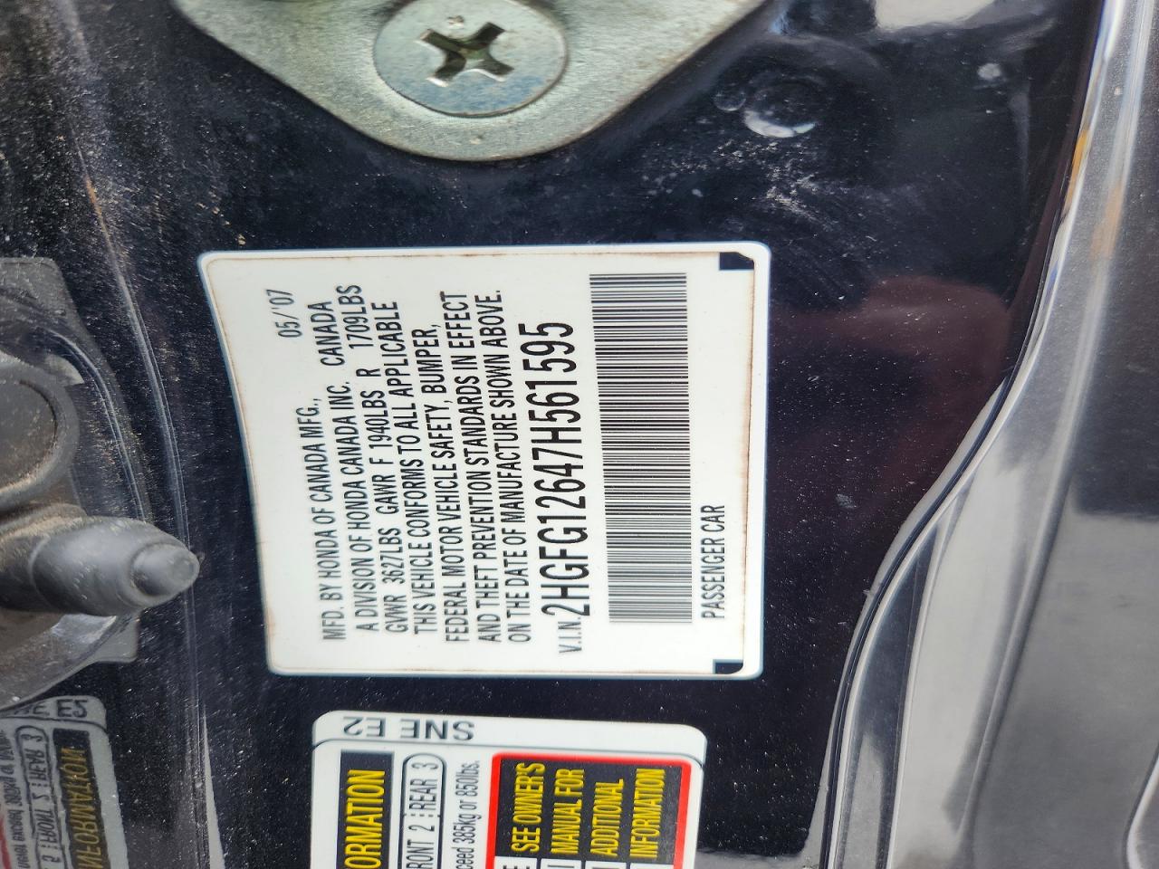 2007 Honda Civic Lx Black vin: 2HGFG12647H561595