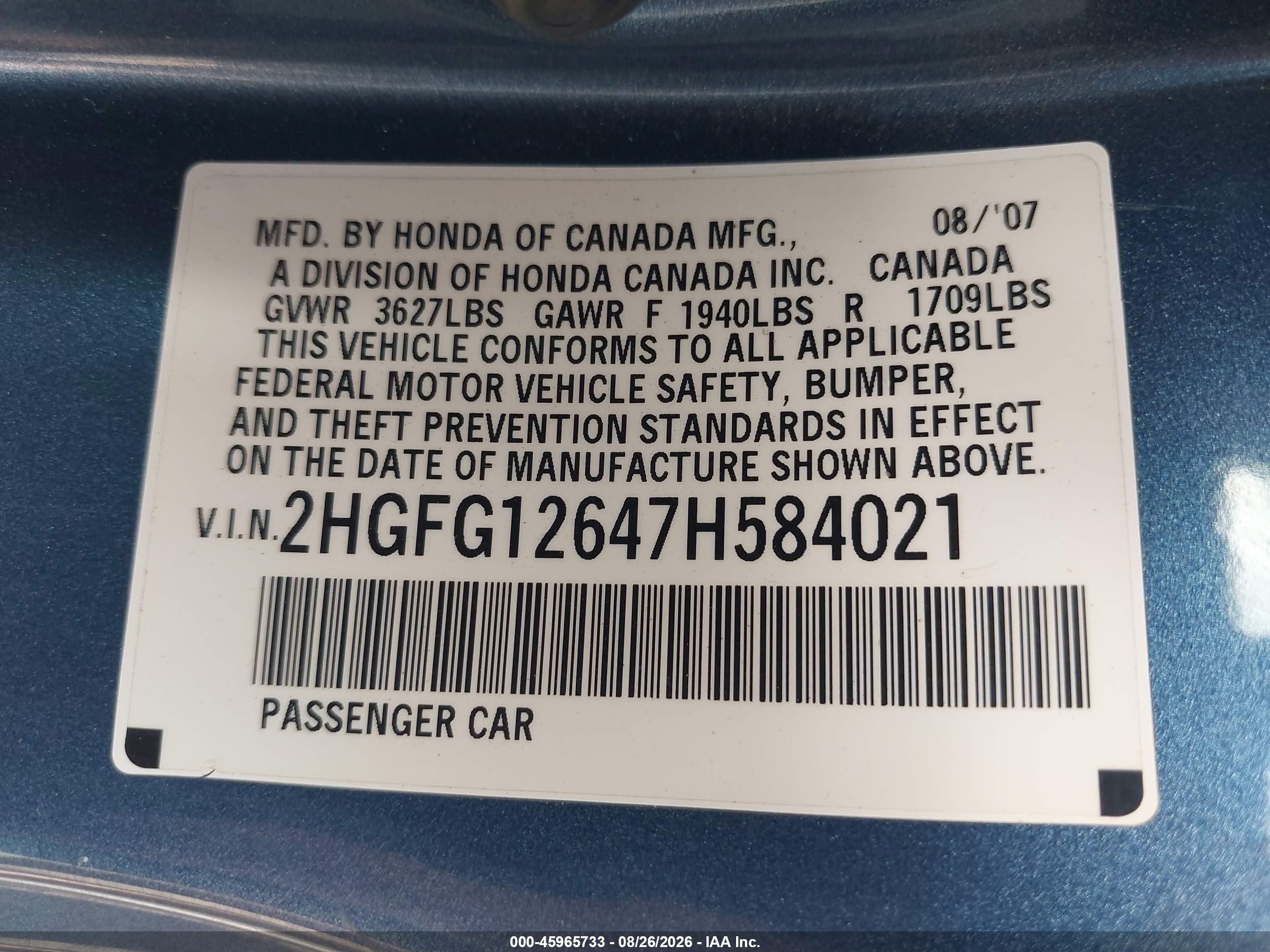 2007 Honda Civic Lx Blue vin: 2HGFG12647H584021