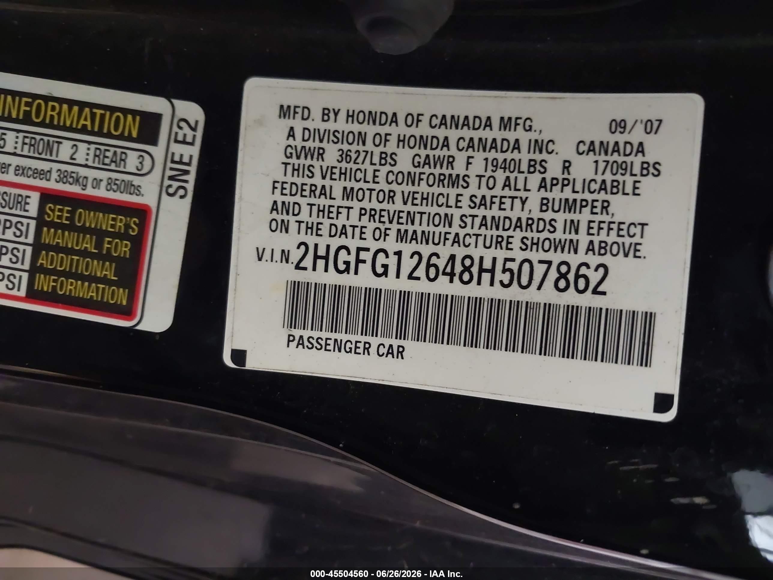 2008 Honda Civic Lx Black vin: 2HGFG12648H507862