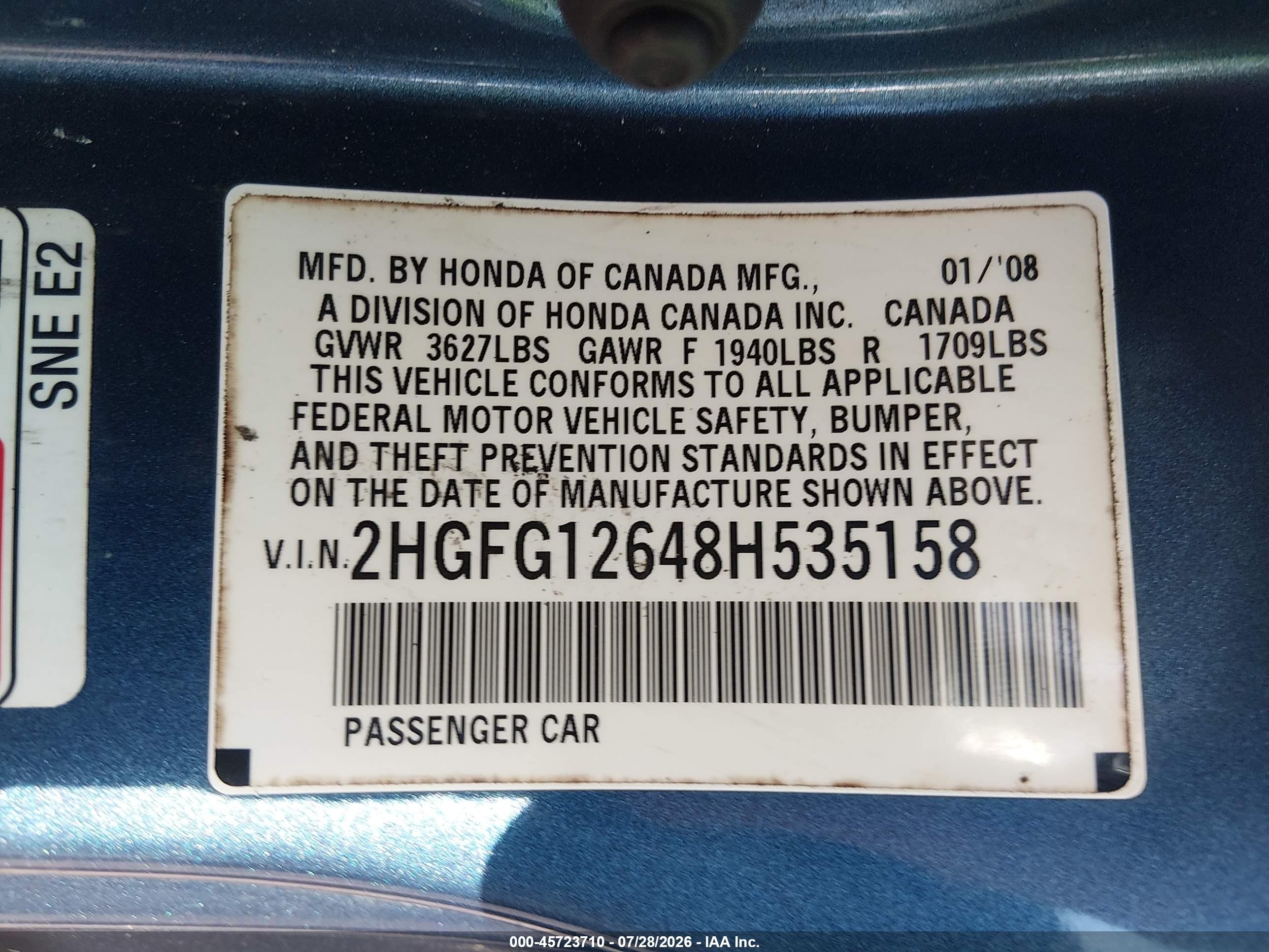 2008 Honda Civic Lx Blue vin: 2HGFG12648H535158