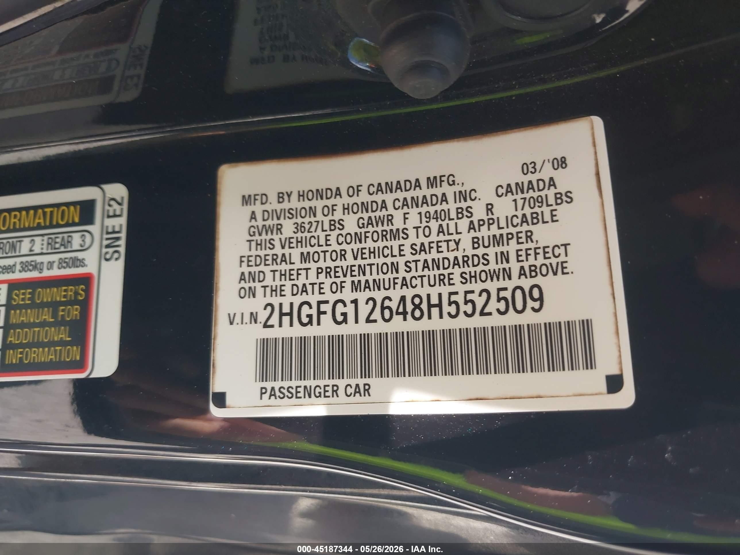 2008 Honda Civic Lx Black vin: 2HGFG12648H552509