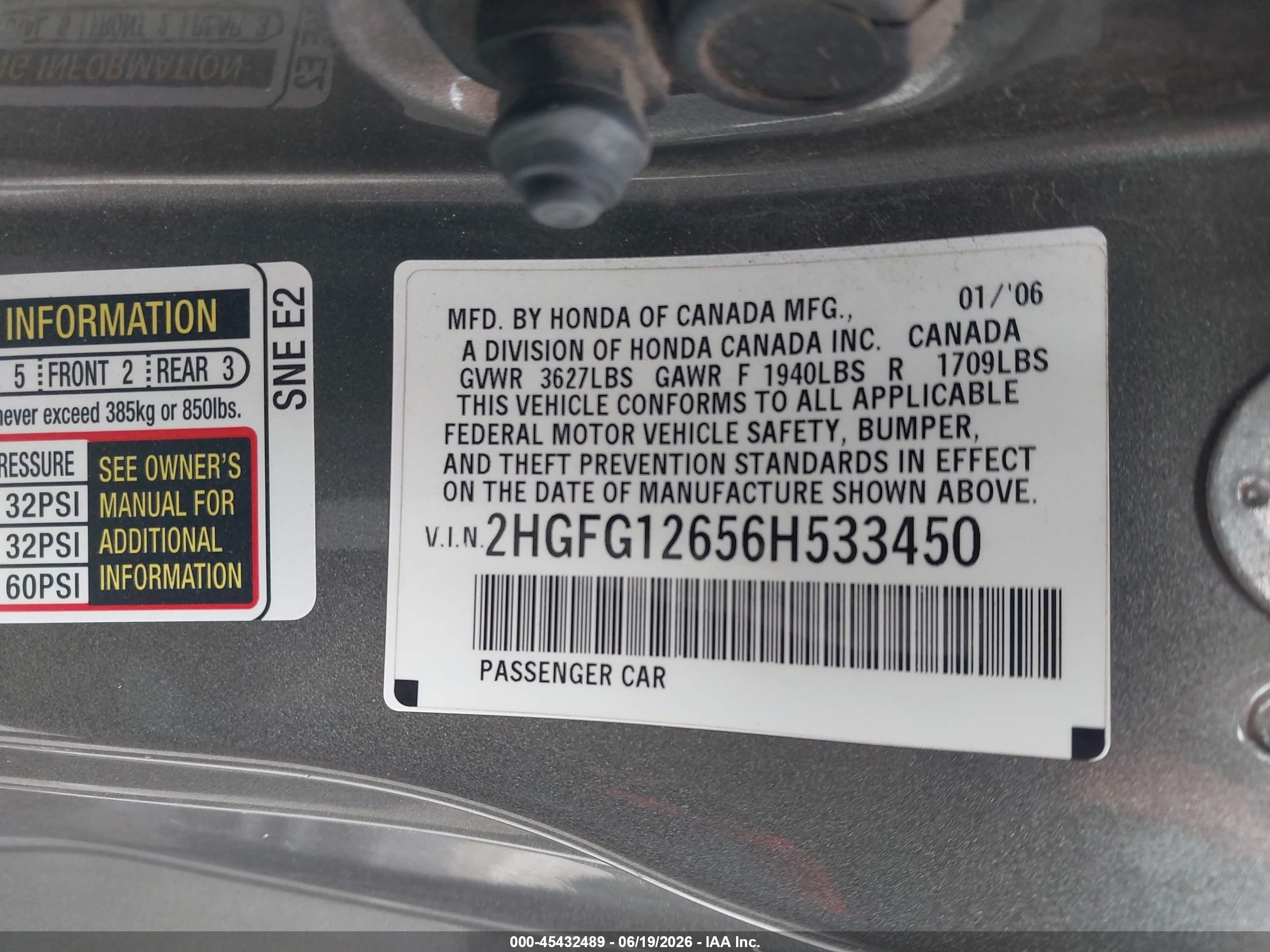 2006 Honda Civic Lx Gray vin: 2HGFG12656H533450