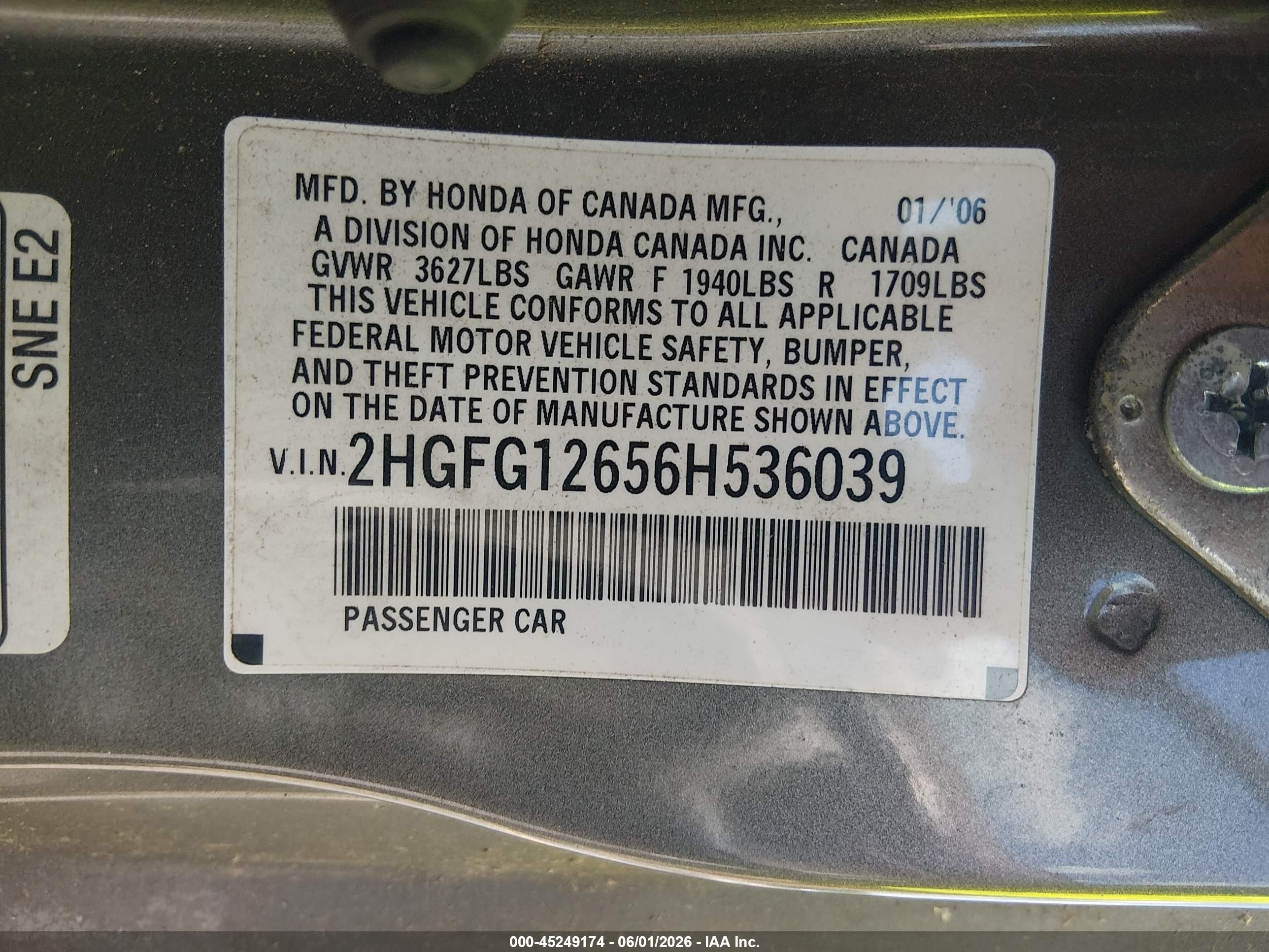2006 Honda Civic Lx Silver vin: 2HGFG12656H536039