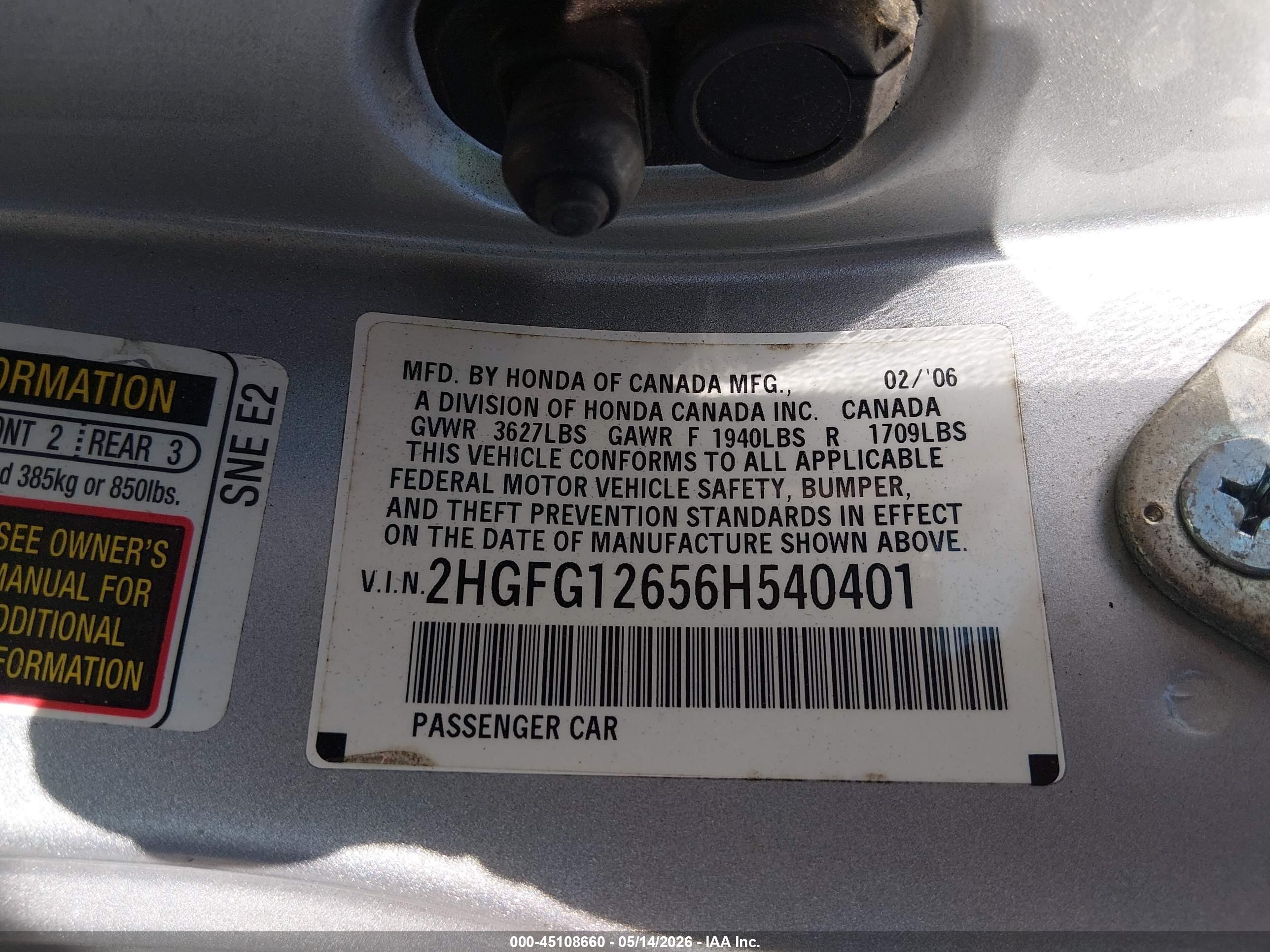 2006 Honda Civic Lx Silver vin: 2HGFG12656H540401