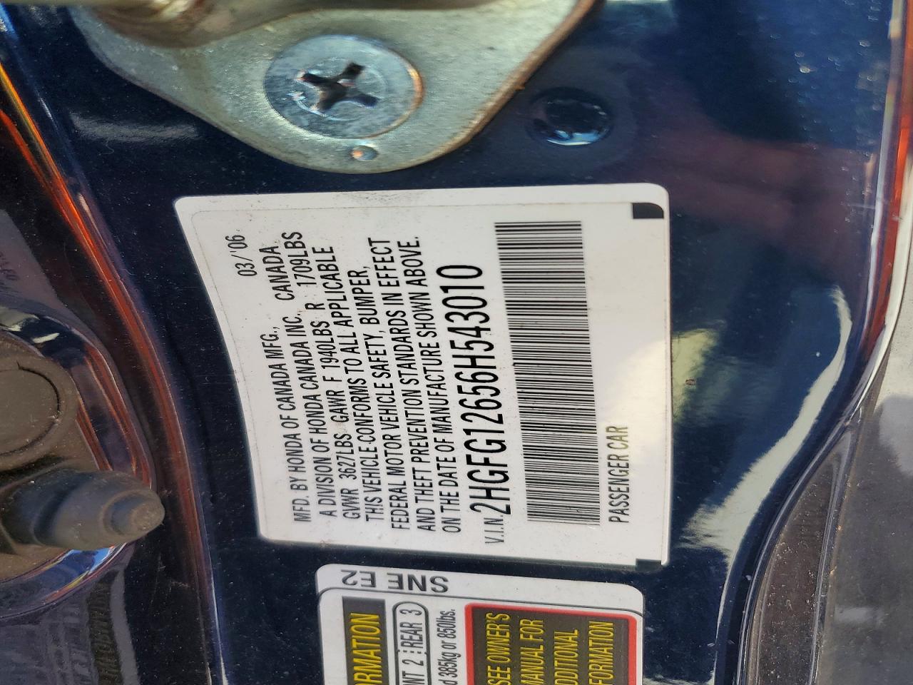 2006 Honda Civic Lx Blue vin: 2HGFG12656H543010
