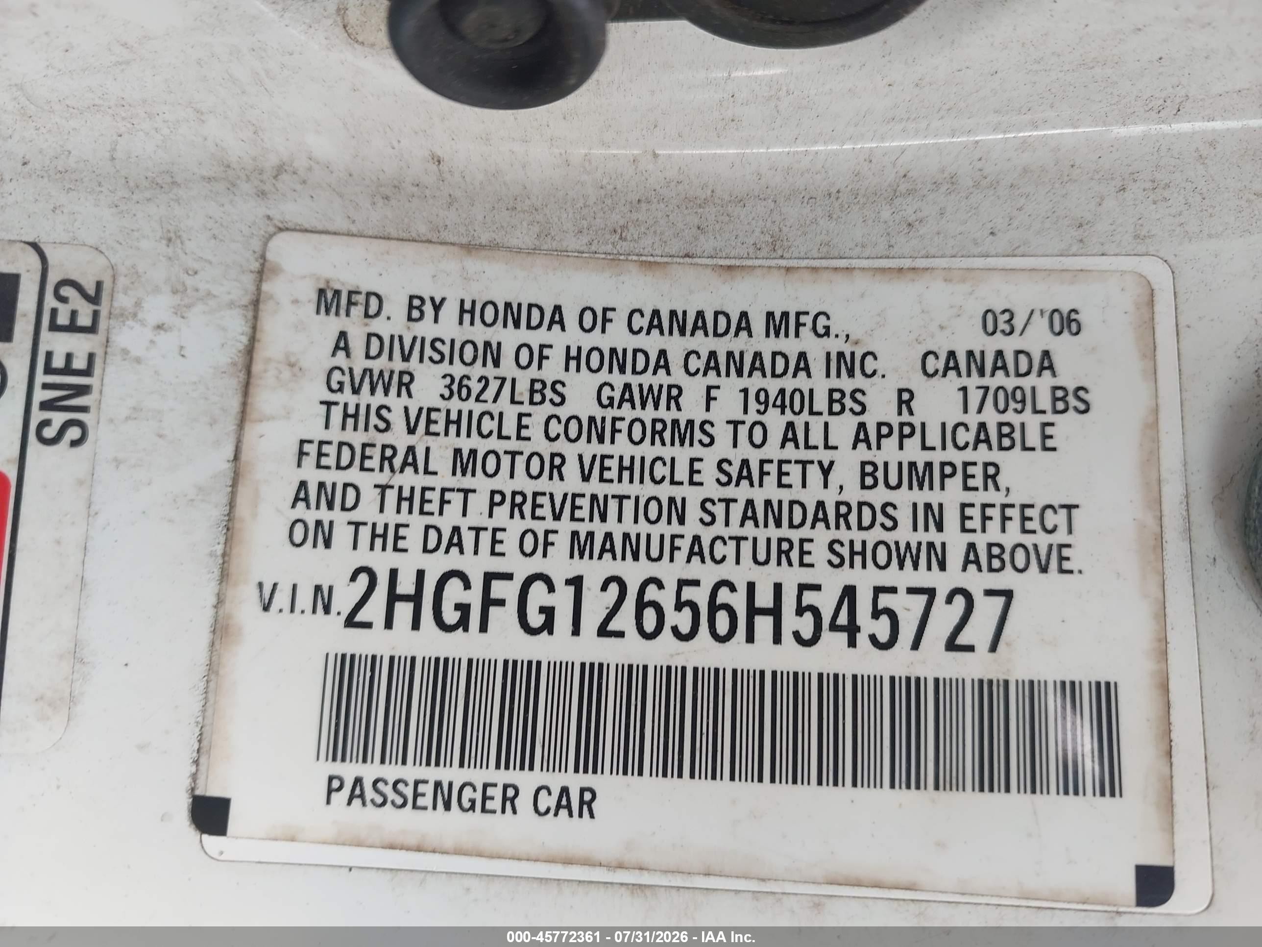 2006 Honda Civic Lx White vin: 2HGFG12656H545727