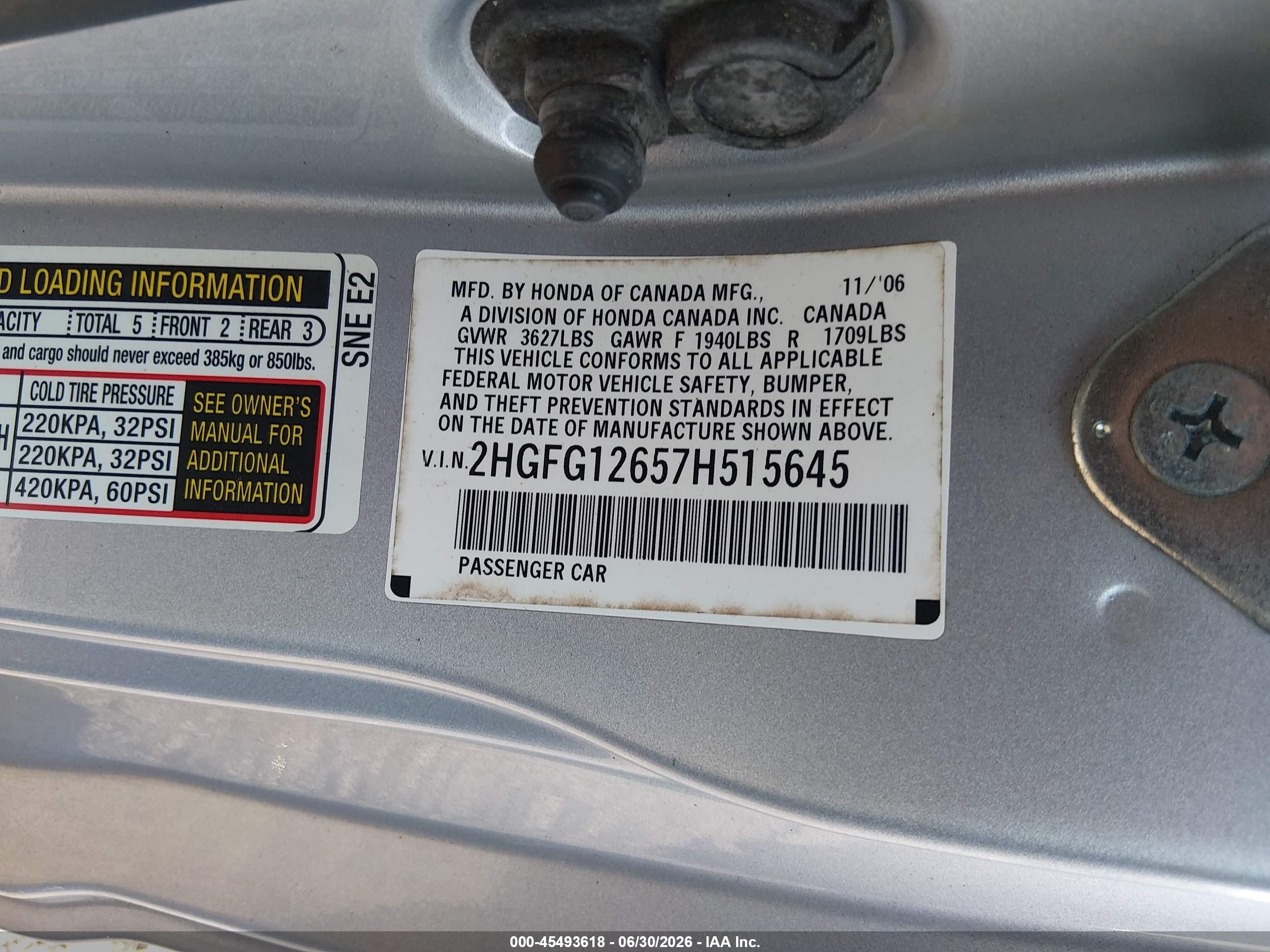 2007 Honda Civic Lx Gray vin: 2HGFG12657H515645