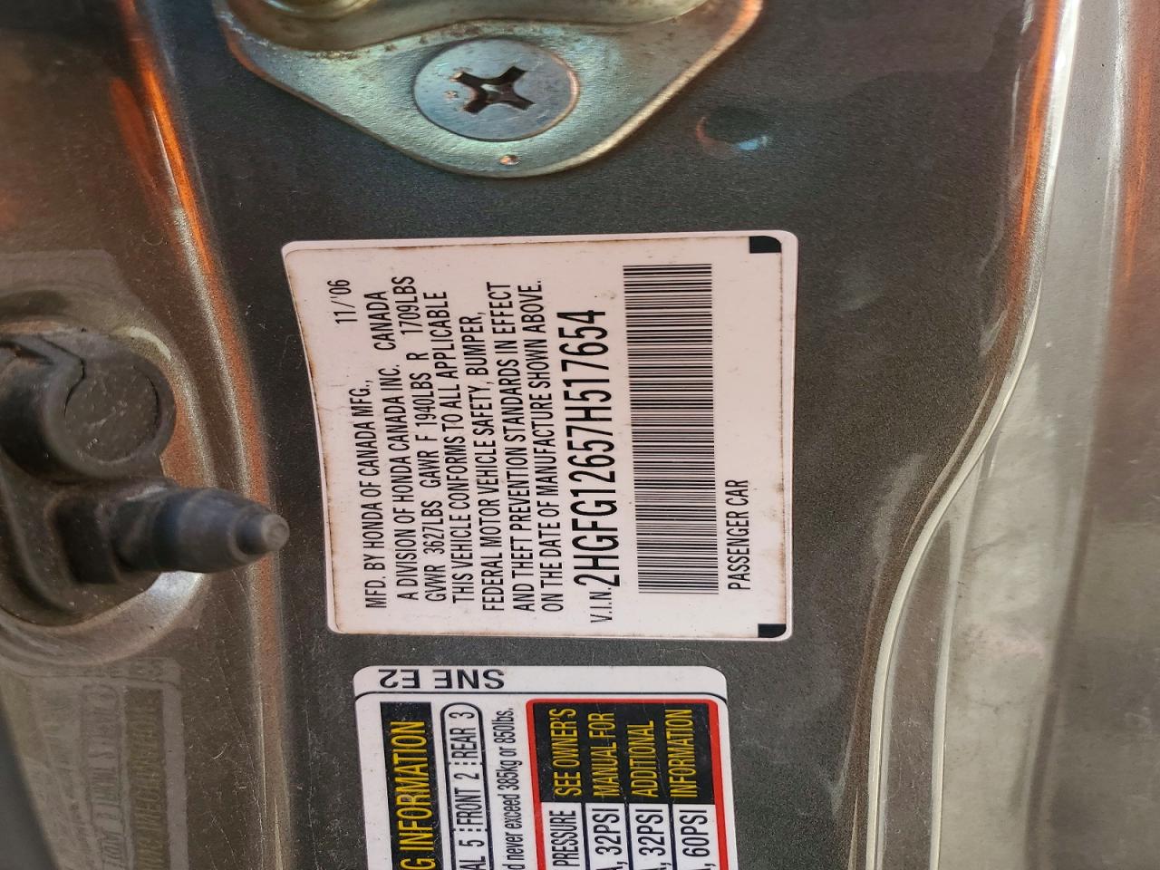 2007 Honda Civic Lx Gray vin: 2HGFG12657H517654