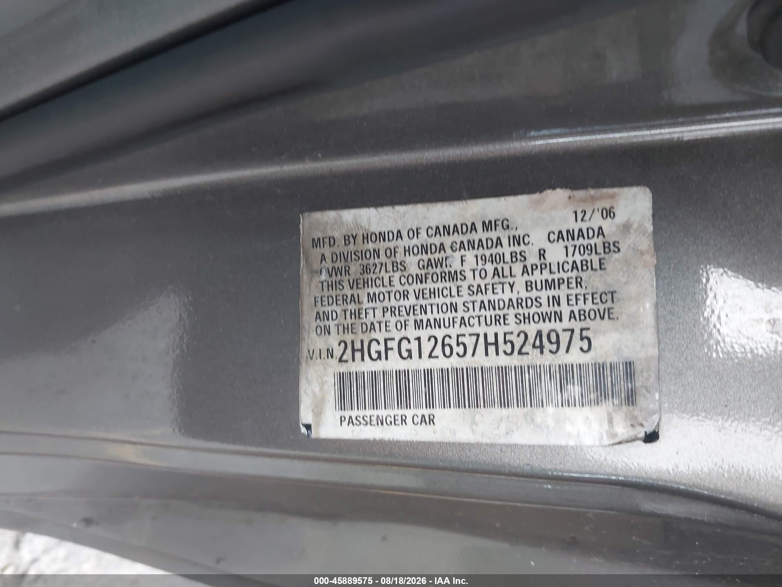 2007 Honda Civic Lx Серый vin: 2HGFG12657H524975