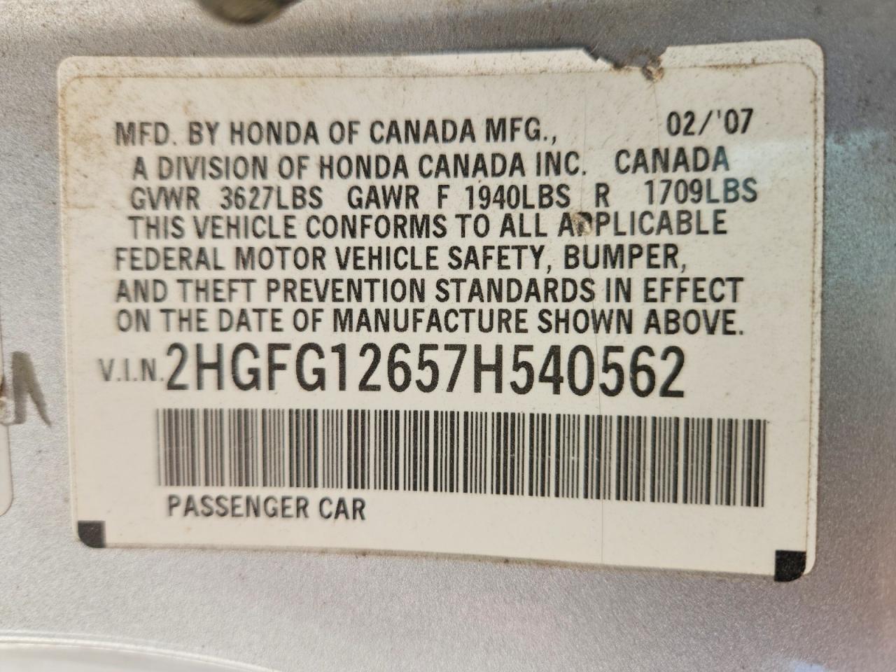 2007 Honda Civic Lx Серый vin: 2HGFG12657H540562