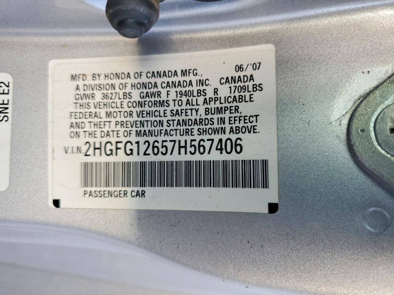 2007 Honda Civic Lx Silver vin: 2HGFG12657H567406