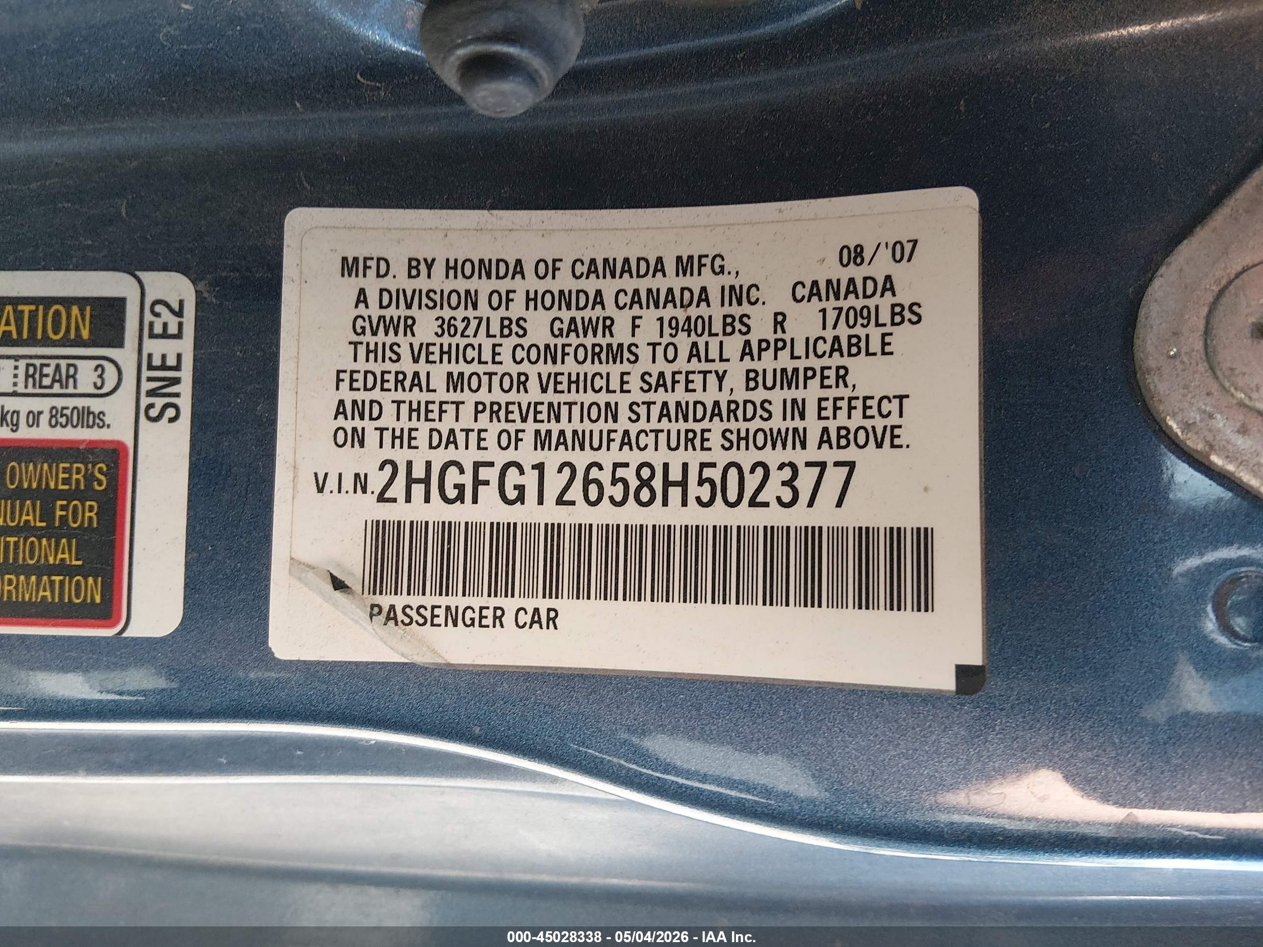 2008 Honda Civic Lx Blue vin: 2HGFG12658H502377