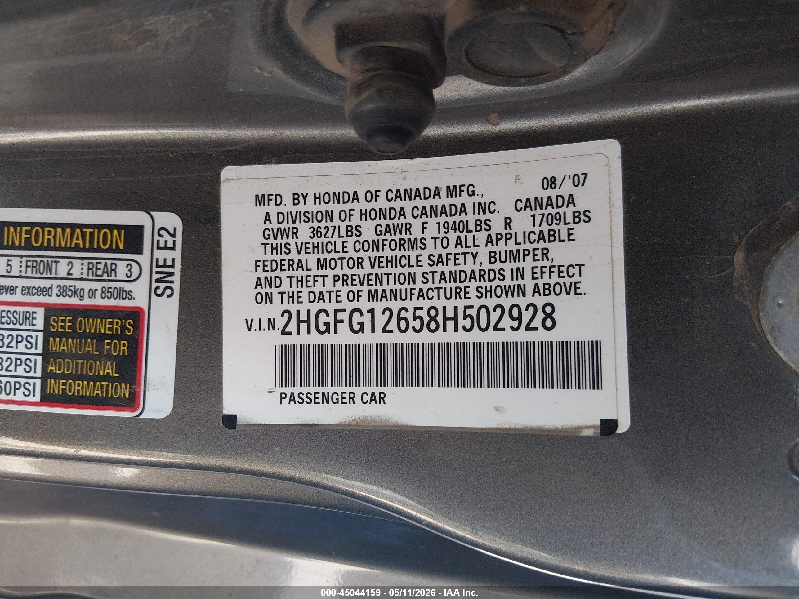 2008 Honda Civic Lx Silver vin: 2HGFG12658H502928
