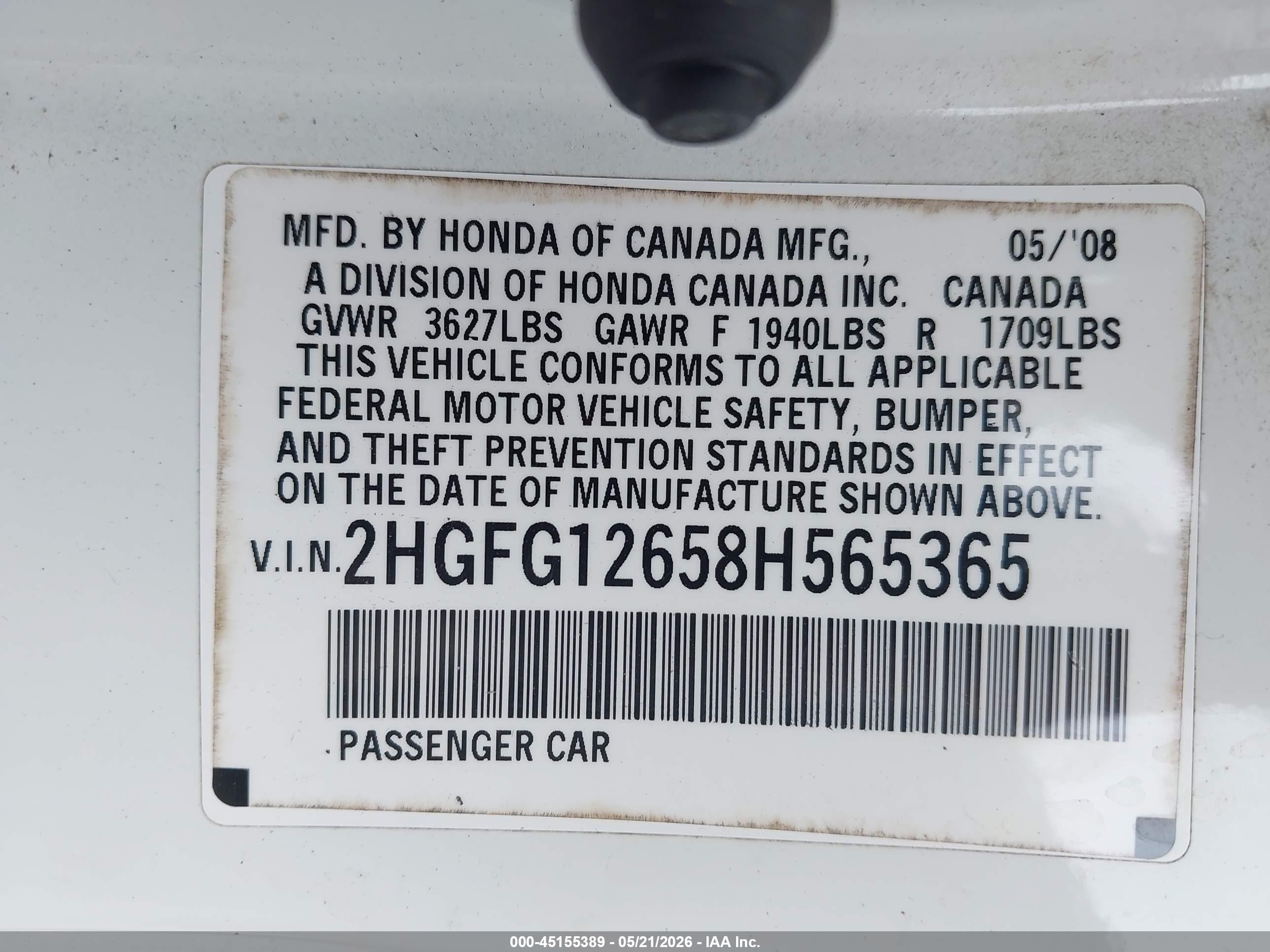 2008 Honda Civic Lx White vin: 2HGFG12658H565365