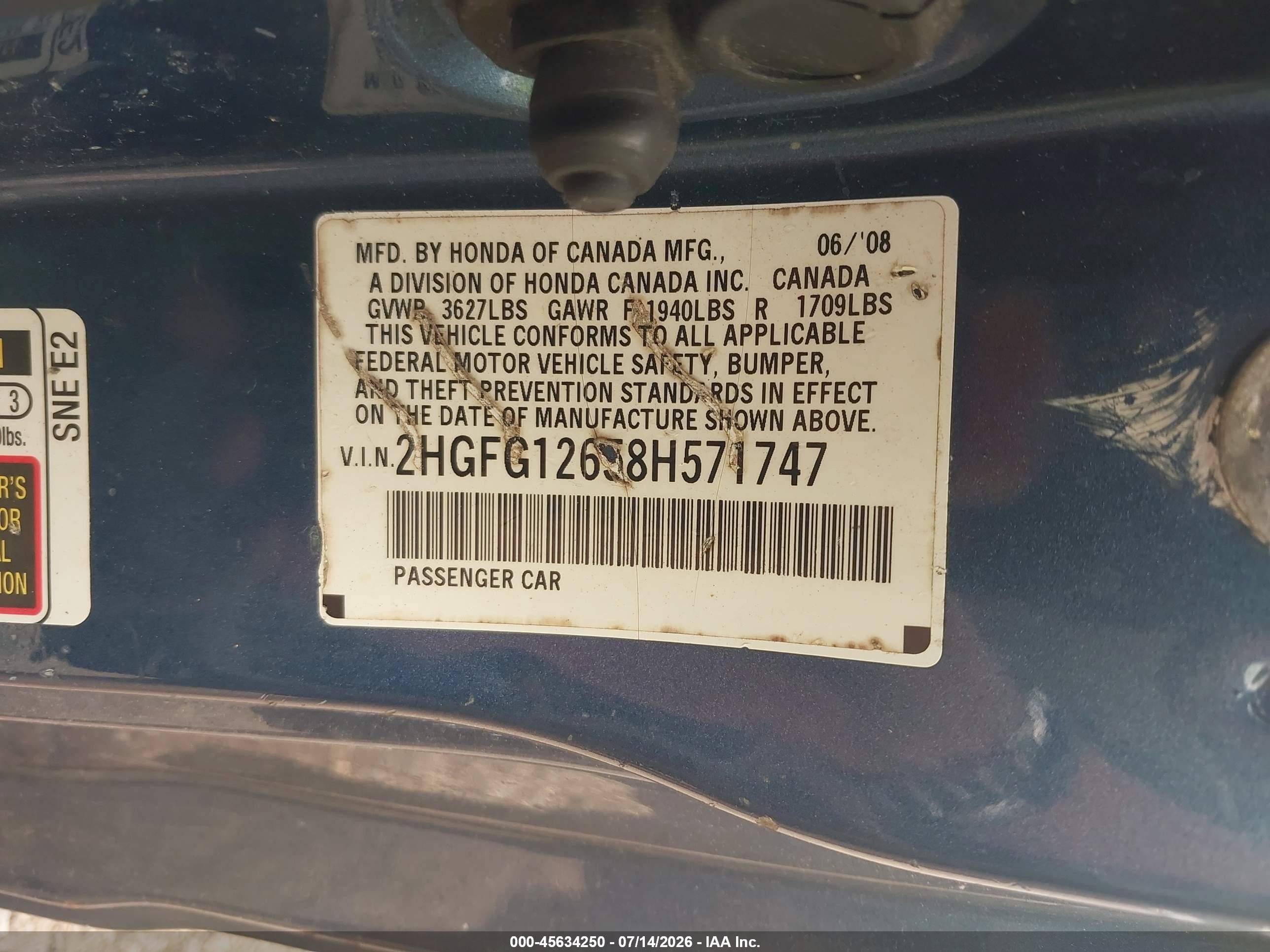 2008 Honda Civic Lx Blue vin: 2HGFG12658H571747