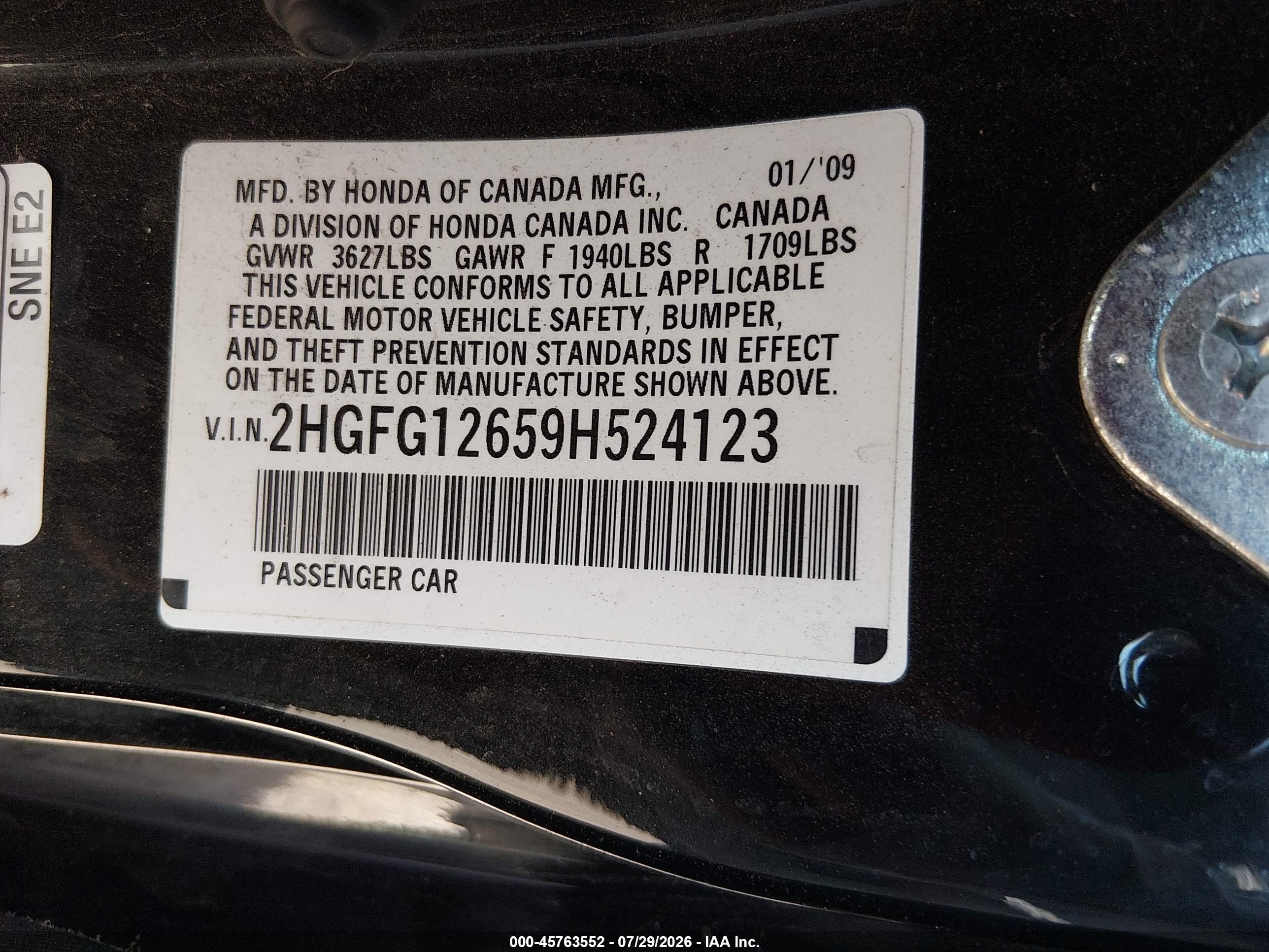 2009 Honda Civic Lx Black vin: 2HGFG12659H524123