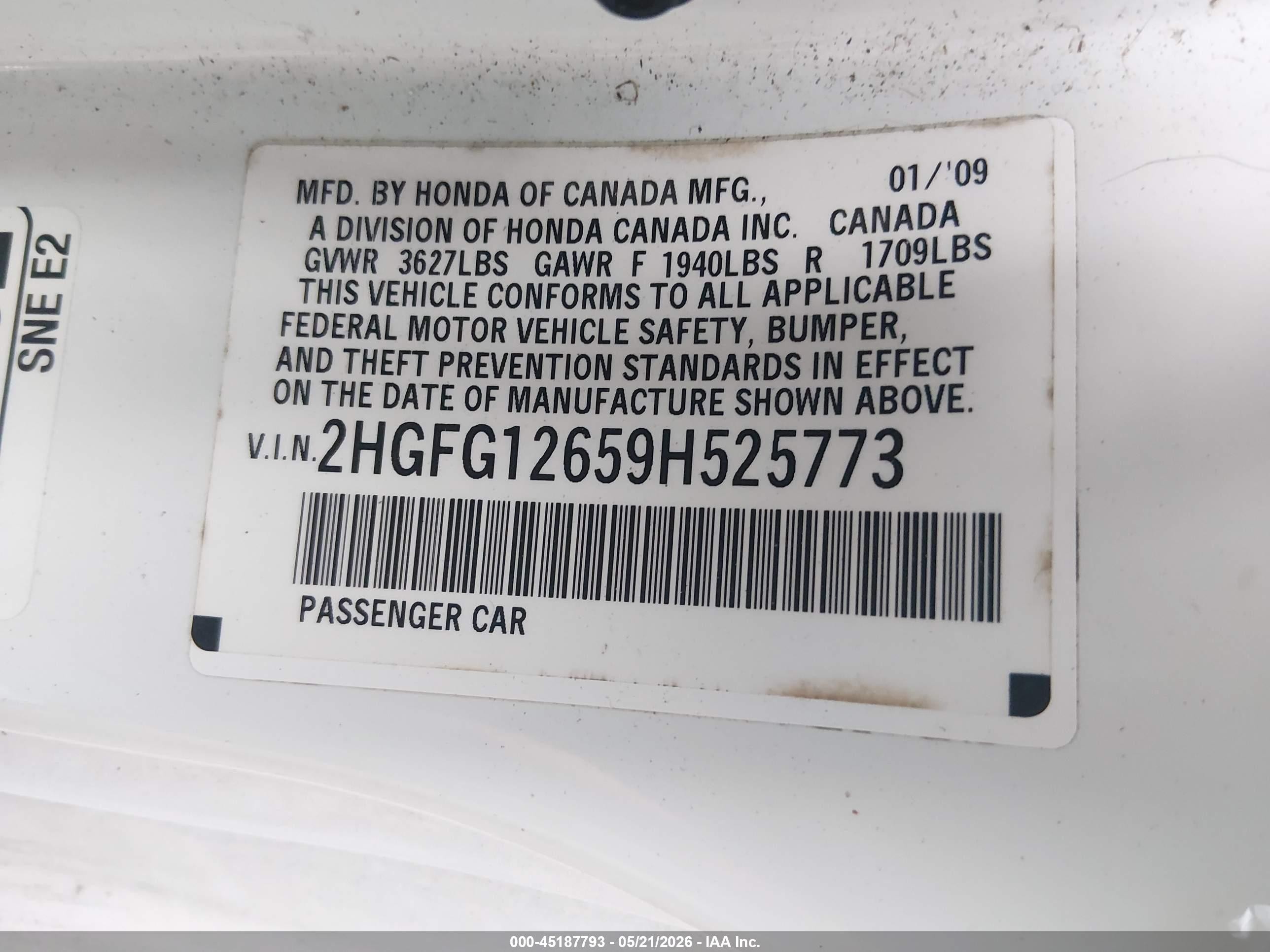 2009 Honda Civic Lx White vin: 2HGFG12659H525773