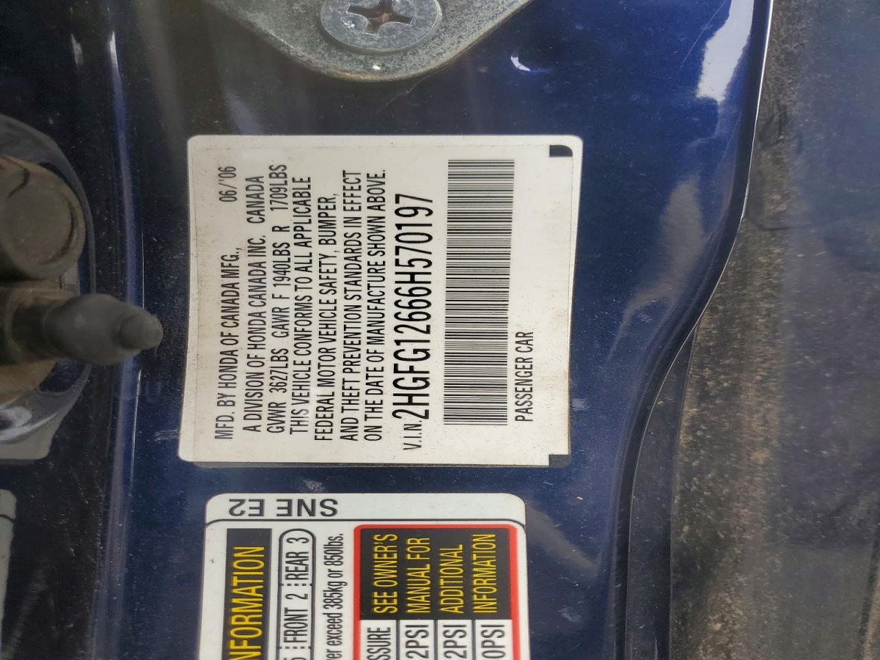 2006 Honda Civic Lx Blue vin: 2HGFG12666H570197