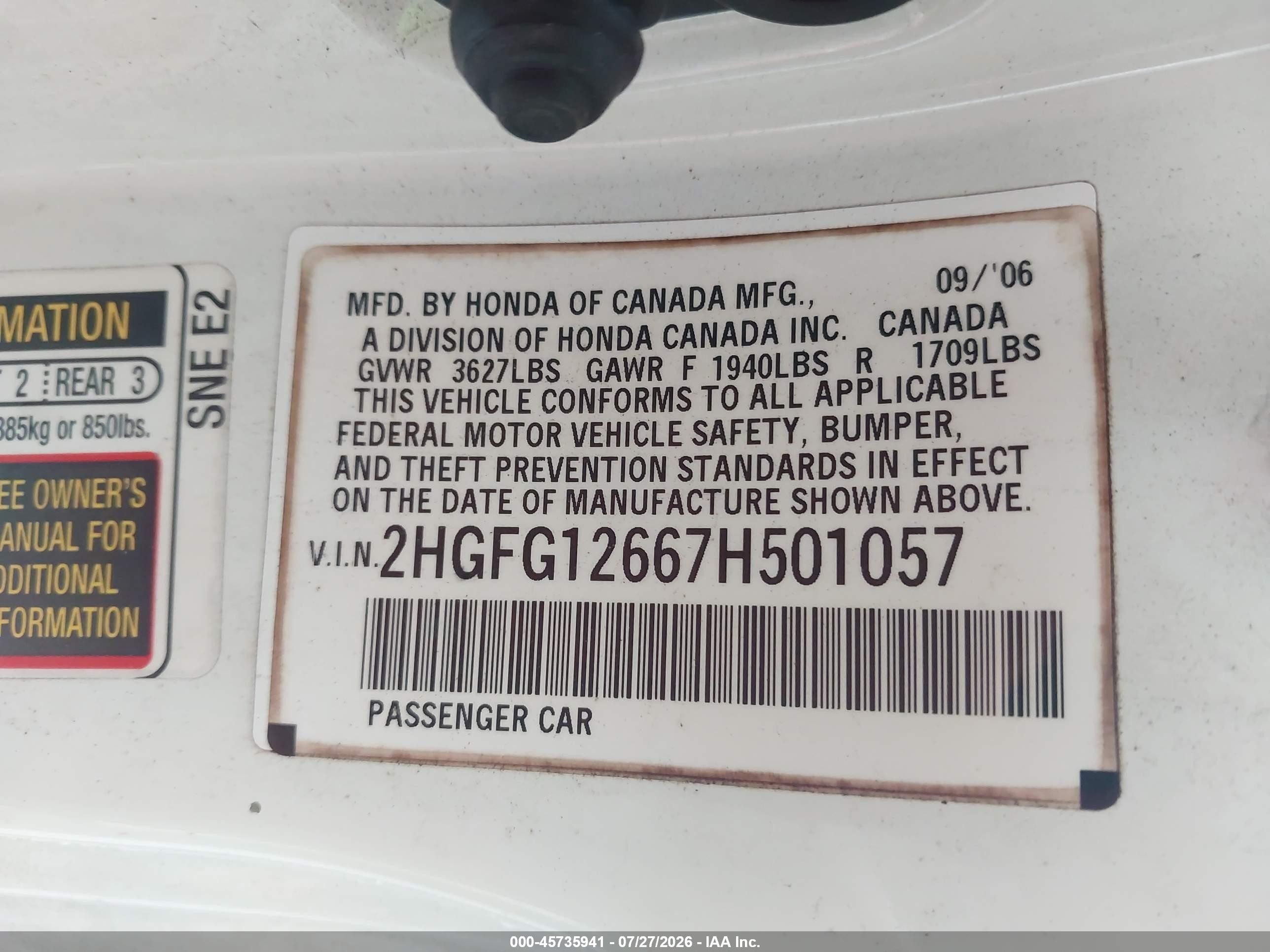 2007 Honda Civic Lx Белый vin: 2HGFG12667H501057