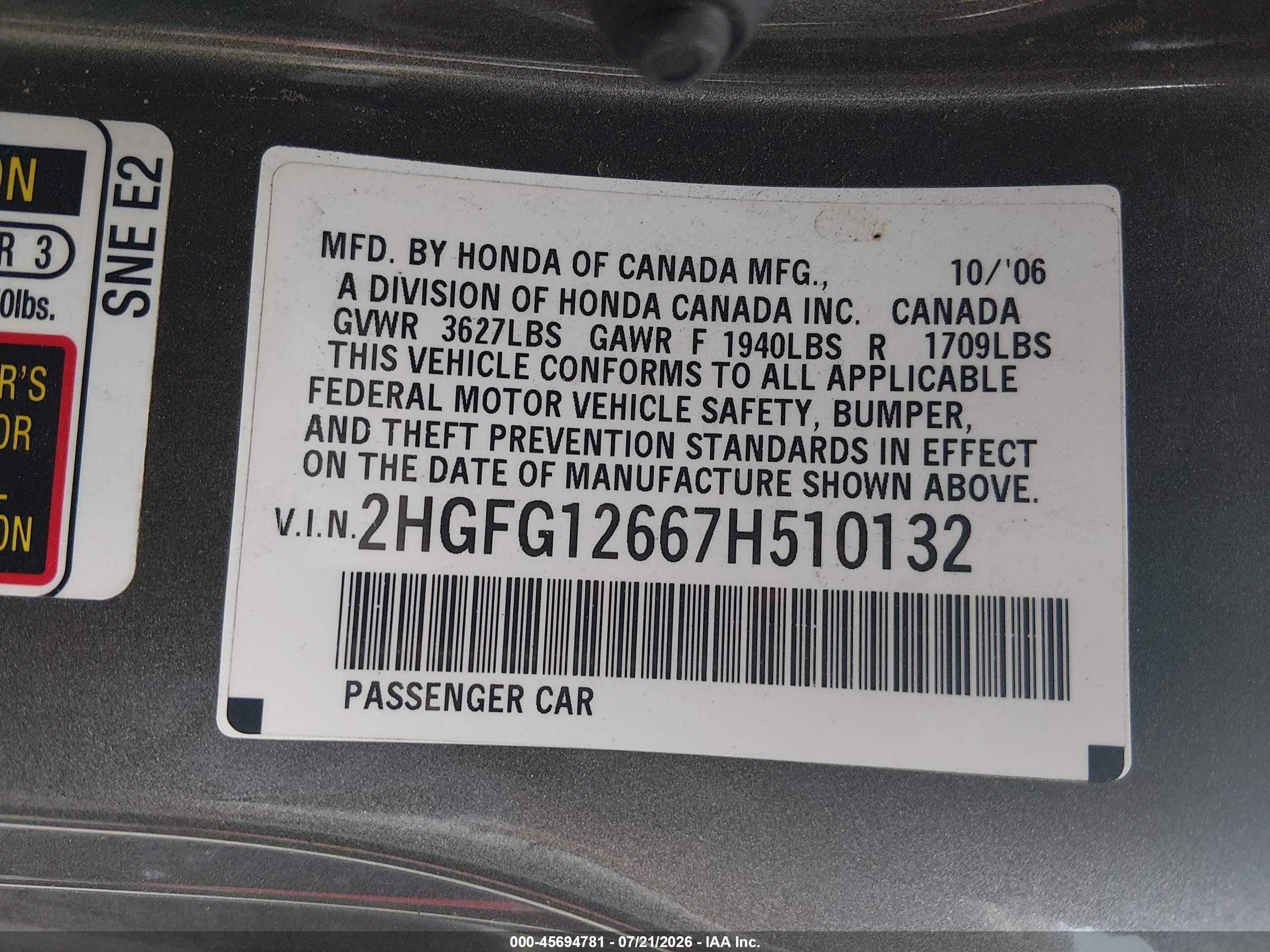 2007 Honda Civic Lx Silver vin: 2HGFG12667H510132