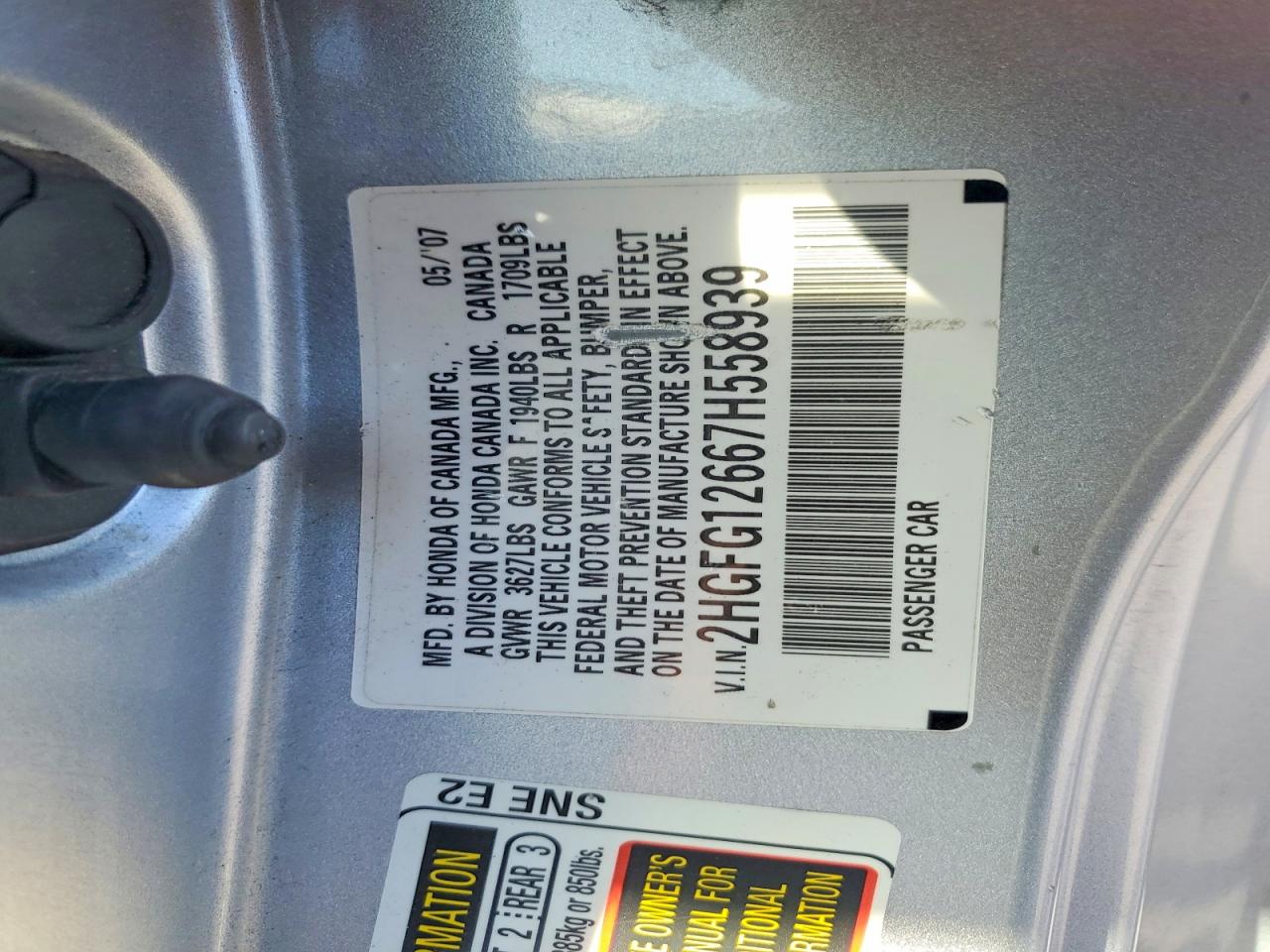 2007 Honda Civic Lx Silver vin: 2HGFG12667H558939