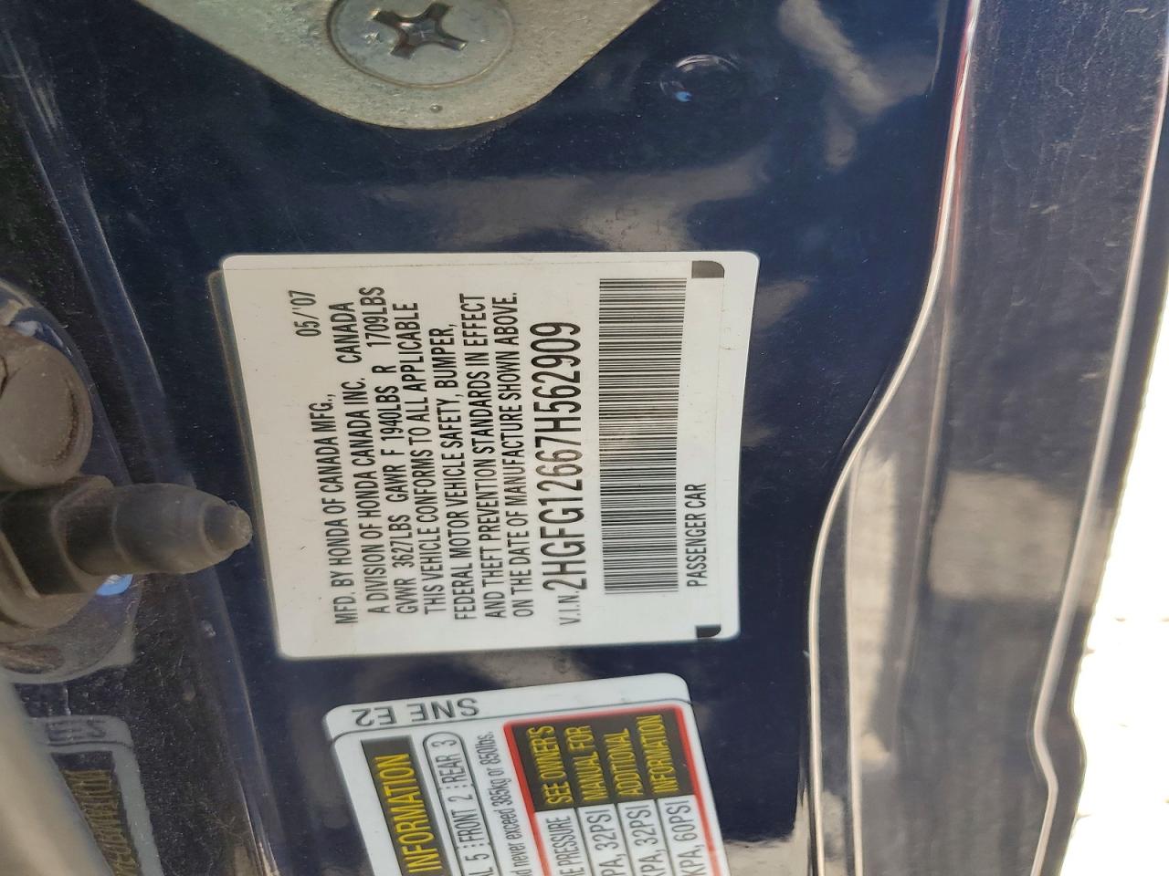 2007 Honda Civic Lx Blue vin: 2HGFG12667H562909