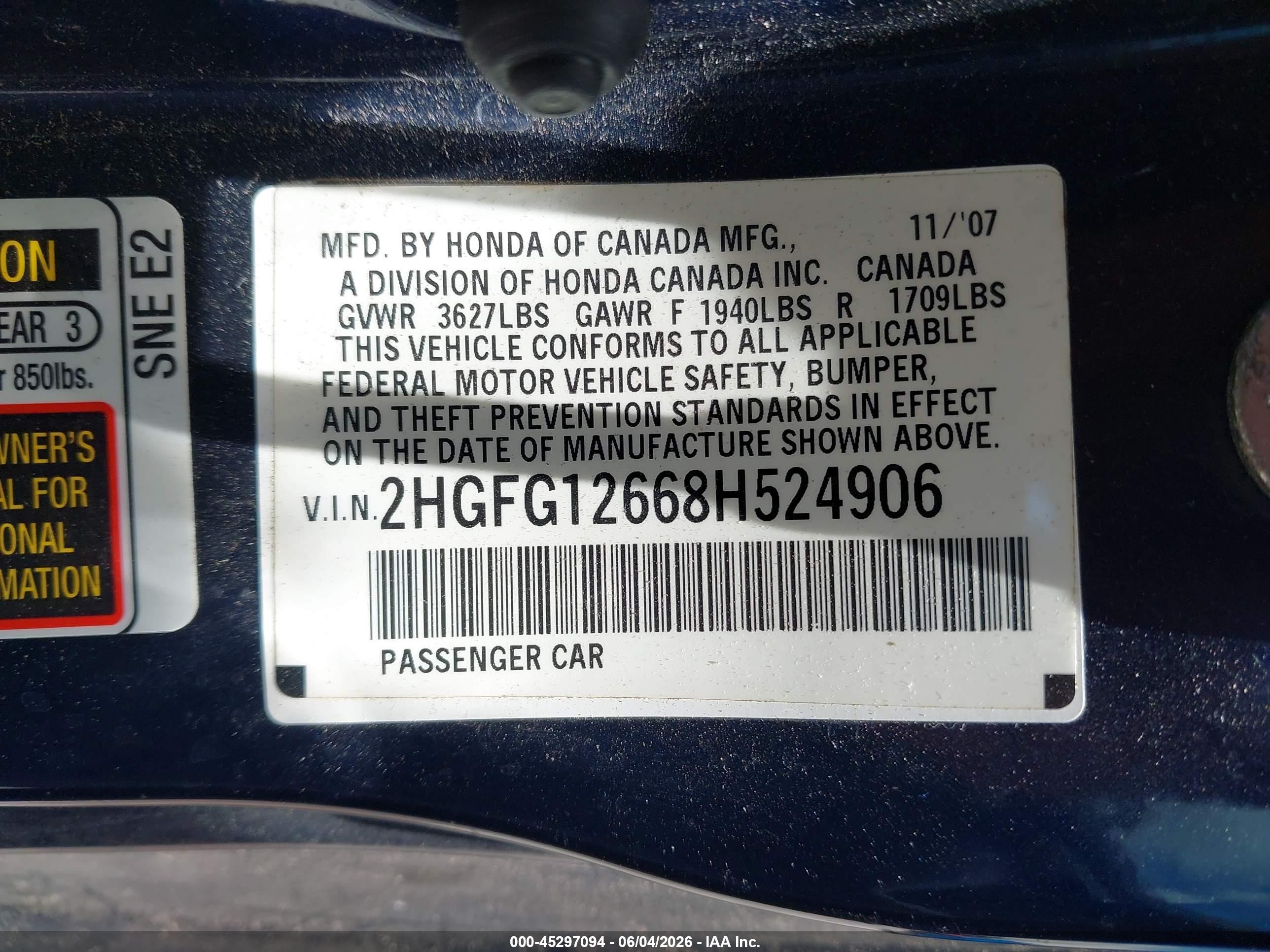 2008 Honda Civic Lx Blue vin: 2HGFG12668H524906