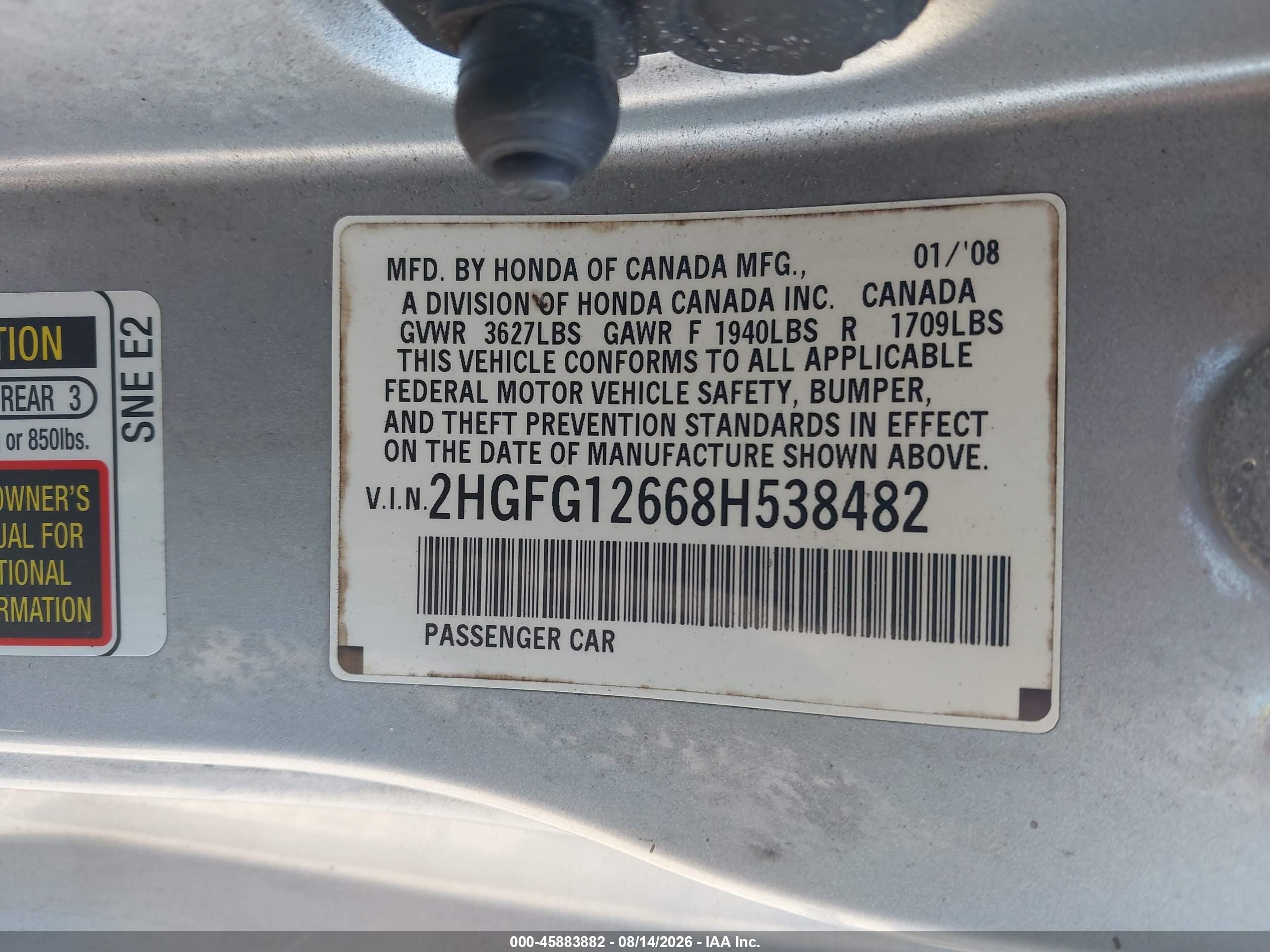 2008 Honda Civic Lx Серебряный vin: 2HGFG12668H538482
