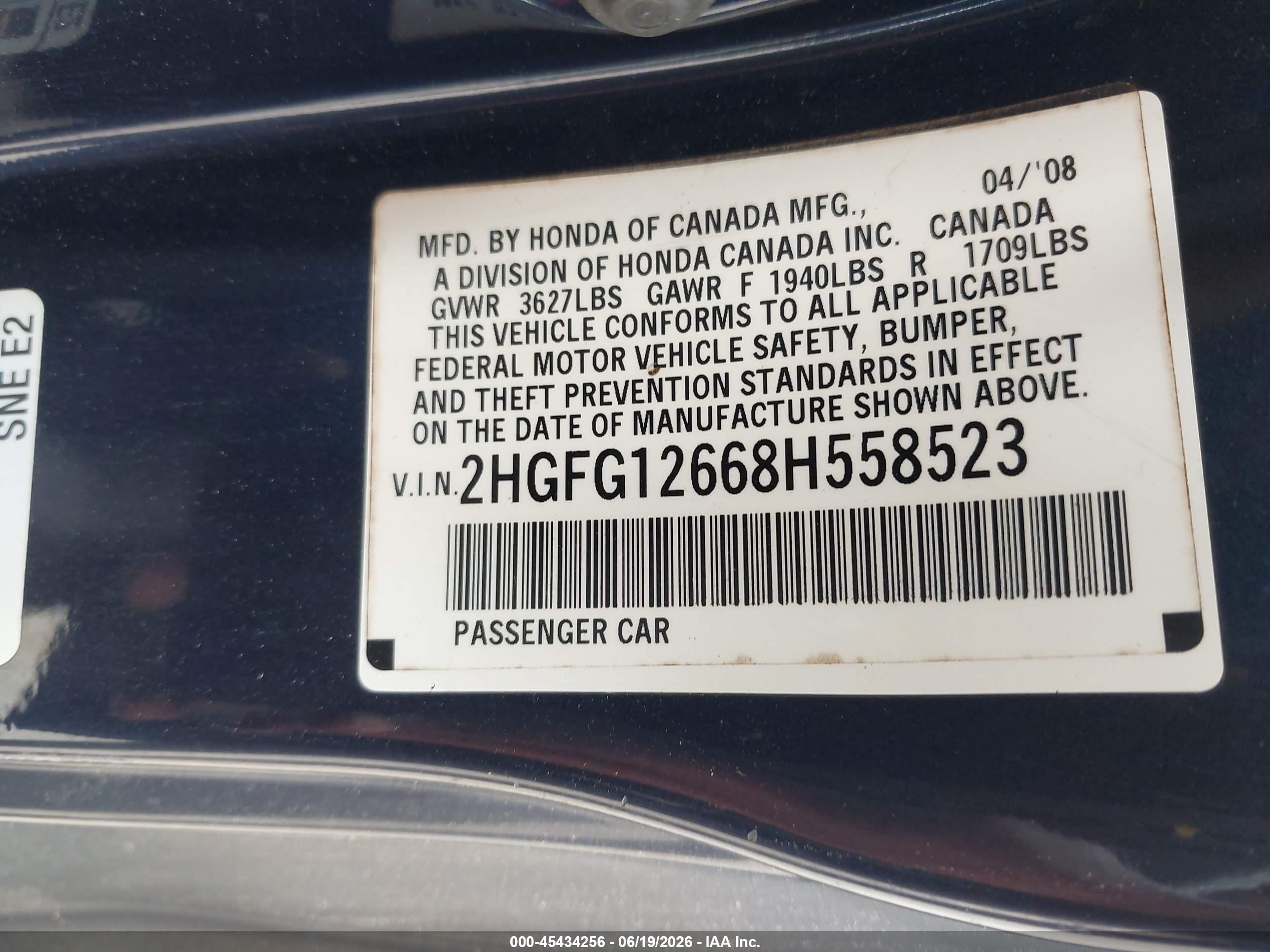 2008 Honda Civic Lx Blue vin: 2HGFG12668H558523