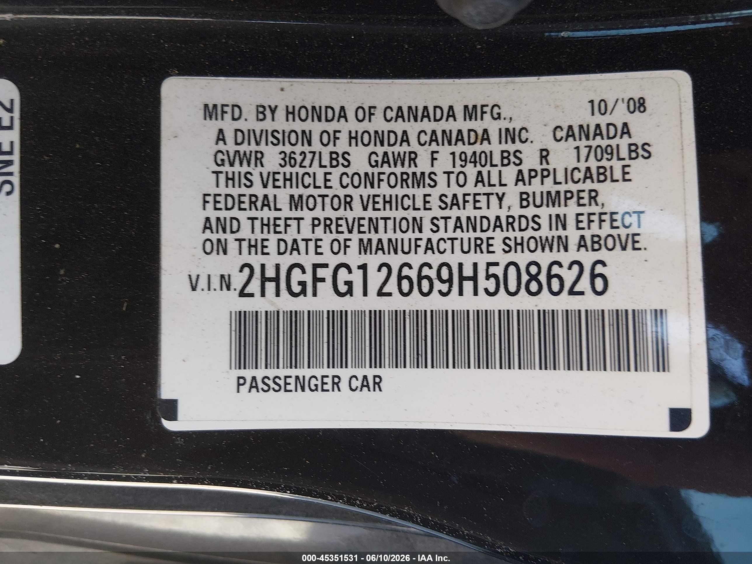 2009 Honda Civic Lx Black vin: 2HGFG12669H508626